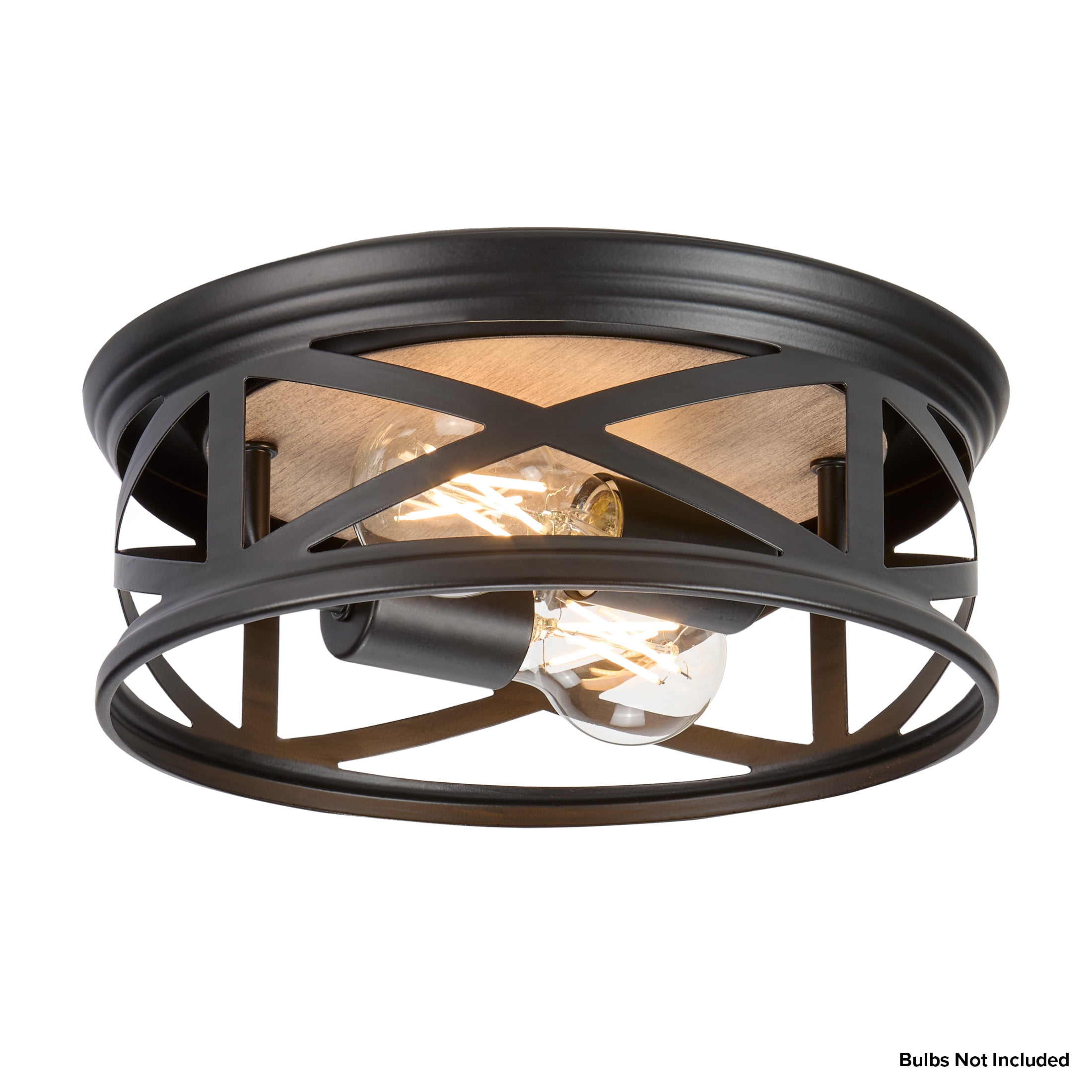 Maxxima 11 in. 2-Light Indoor / Outdoor Flush Mount Ceiling Light, Round Black w/ Wood Grain Farmhouse Fixture, Bulbs Not Included - Image 8