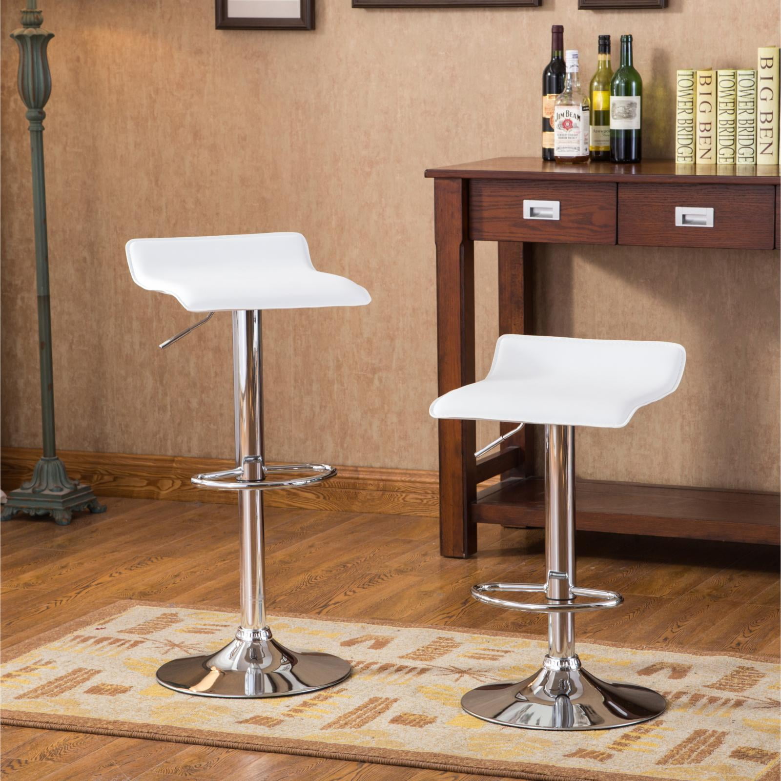 Roundhill Furniture Baxton White Adjustable Height Wood and Chrome Metal Bar Table and 2 Chrome Air Lift Adjustable Swivel Stools Set - Image 4