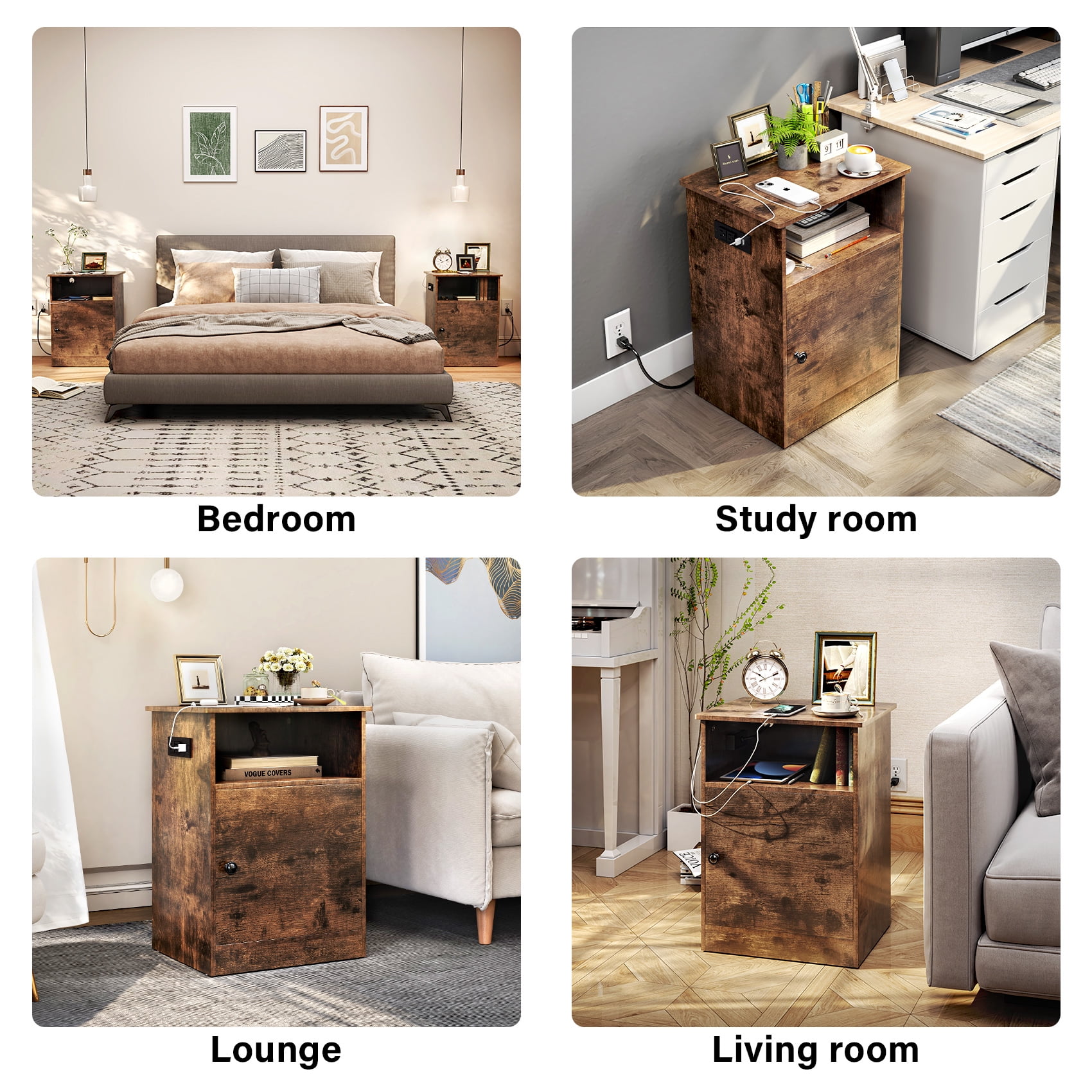 TC-HOMENY Nightstand with Charging Station Modern End Side Table with Storage Cabinet & USB Ports & Power Outlets for Bedroom Living Room - Image 2