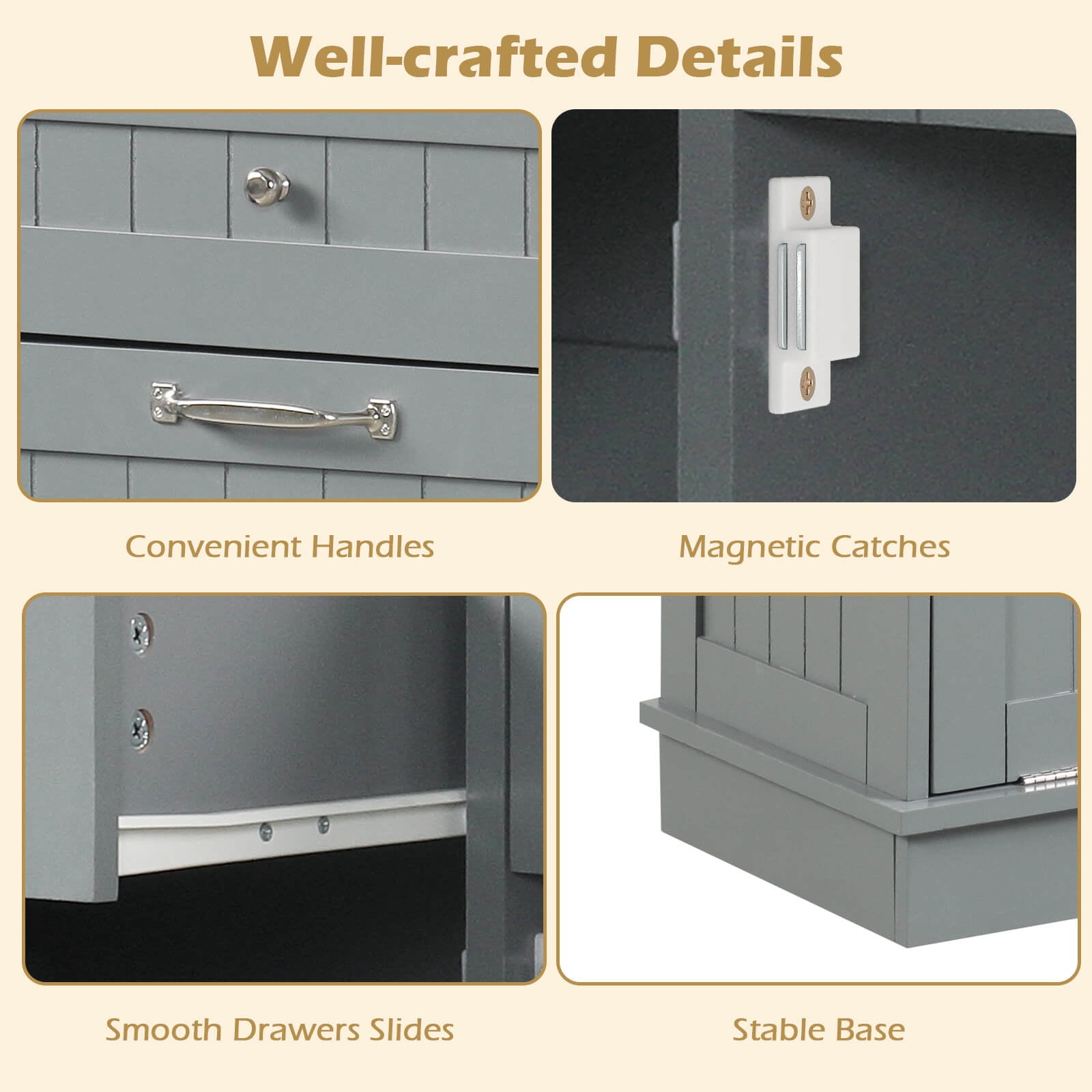 Costway 15.5 Gallon Kitchen Tilt Out Trash Cabinet Rubber Wood Tabletop 2 Drawers Shelf Gray - Image 7