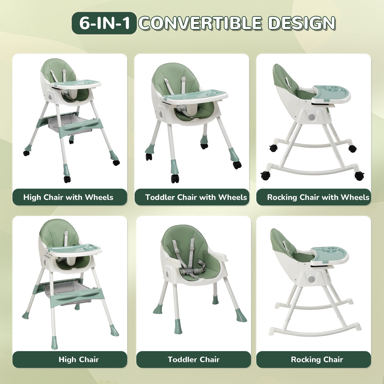 Ktaxon Baby High Chair, Convertible 6 in 1 High Chairs for Babies and Toddlers, Foldable Baby Highchair with 5-Point Safety Harness, Adjustable Dining Tray, Backrest & Height, Green - Image 5