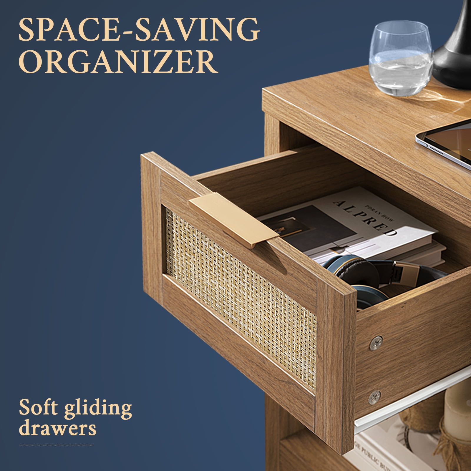 OAKHAM Rattan Nightstand Set of 2 with Charging Station and USB Ports, Boho Bedside Tables - Image 3