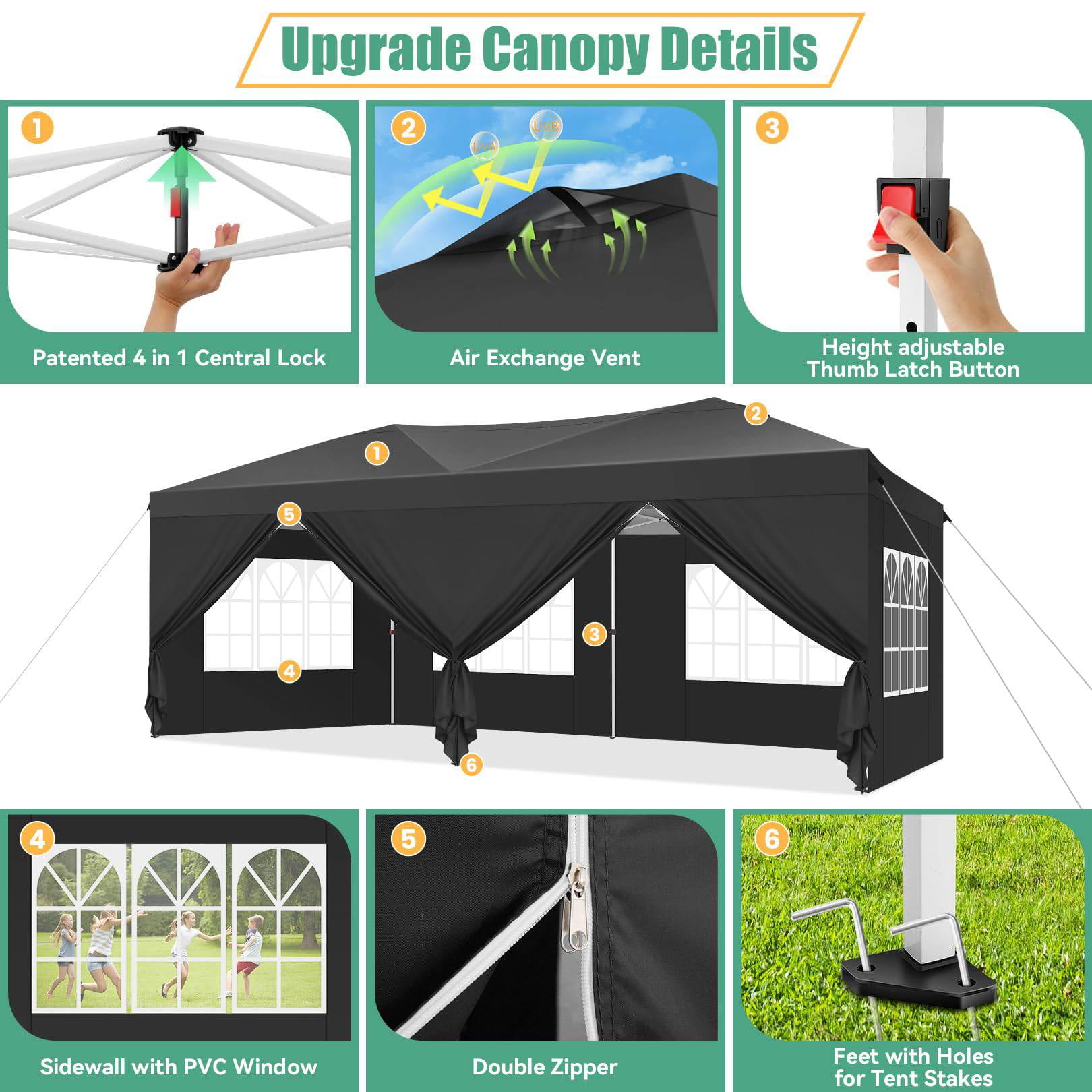 HOTEEL 10x20 Pop up Canopy Tent, Waterproof Commercial Tent with 6 Removable Sidewalls & Air Vent,One Push Setup Outdoor Sun Shelter Gazebo for Parties, Wedding, Black - Image 6