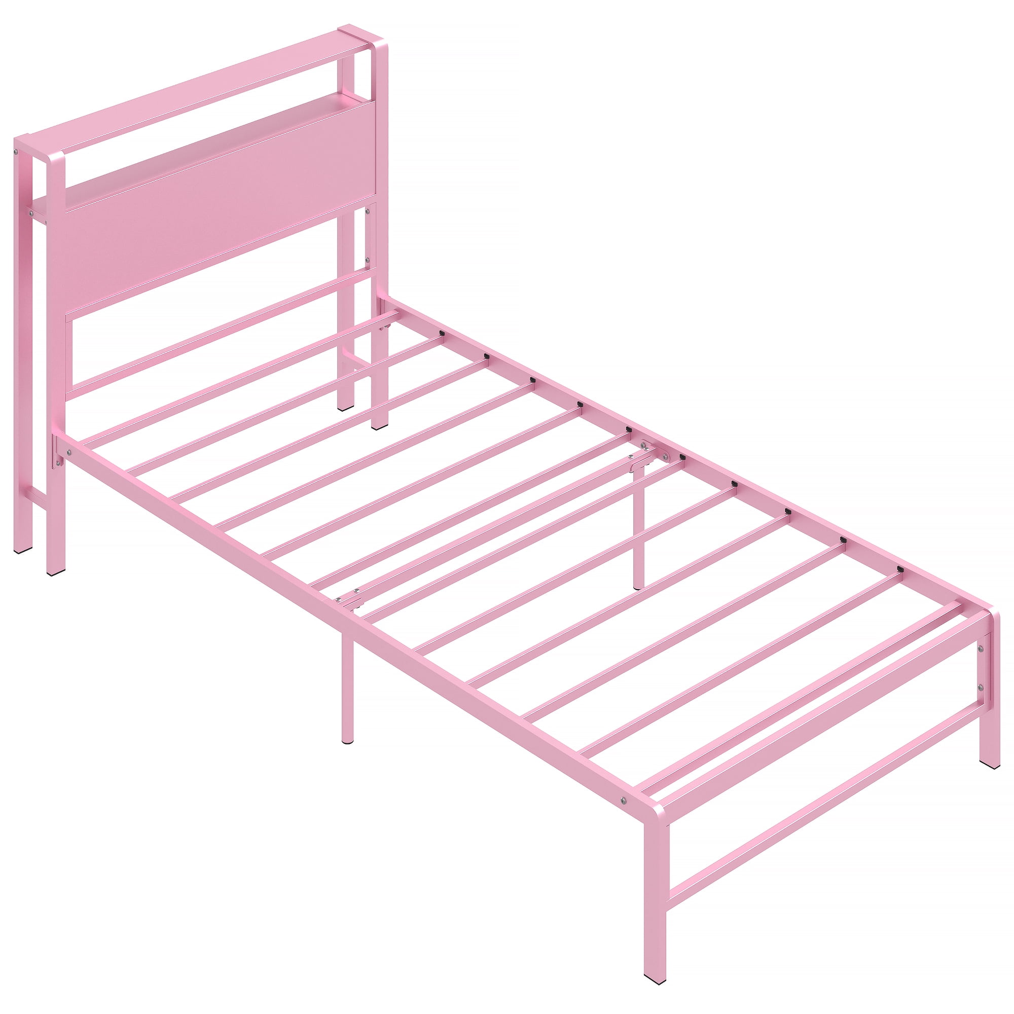 Yoneston 12" Twin Metal Bed Frame with 2-Tire Storage Headboard for Girls, Heavy Duty Platform Bed Frame Bedroom Furniture, Pink - Image 8