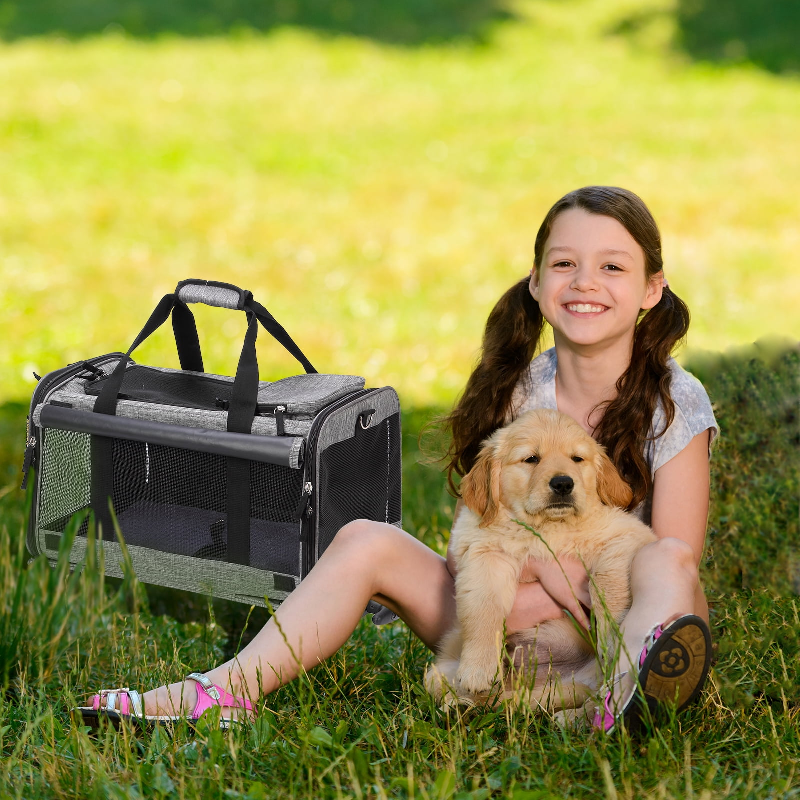 MEXMIODY Pet Carrier with Wheels, Airline Approved Dog Cat Carrier for Medium Small Dogs, Pet Travel Rolling Carrier, Telescopic Handle, Grey - Image 3