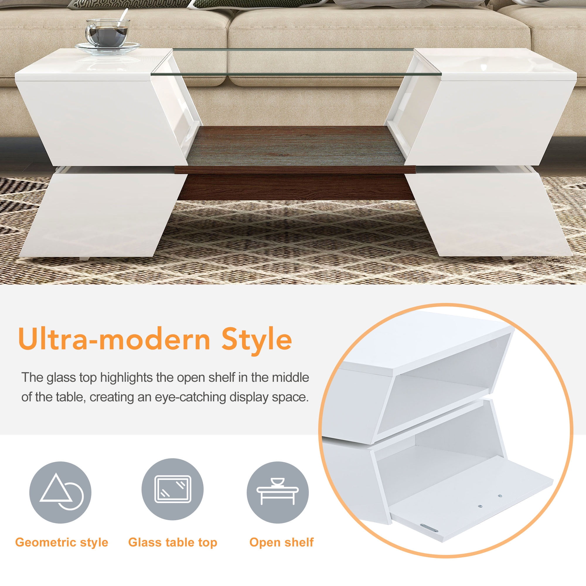 EUROCO Glass-Top Coffee Table with Open Shelves and Cabinets, Geometric Style Cocktail Table with Great Storage Capacity, Modernist 2-Tier Center Table for Living Room, White - Image 5