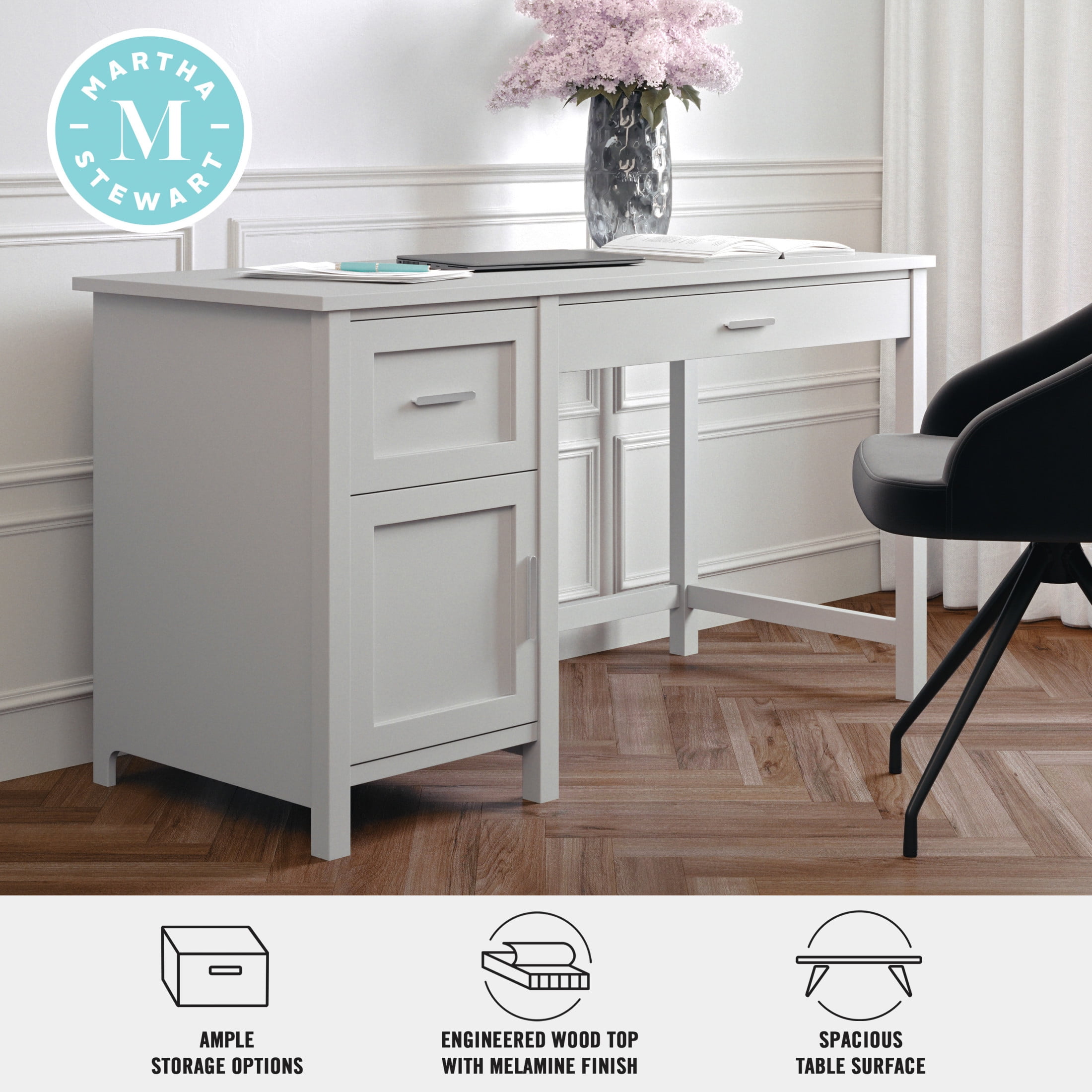 Martha Stewart Hutton Shaker Style Home Office Desk with Storage in Gray with Brushed Nickel Hardware - Image 5