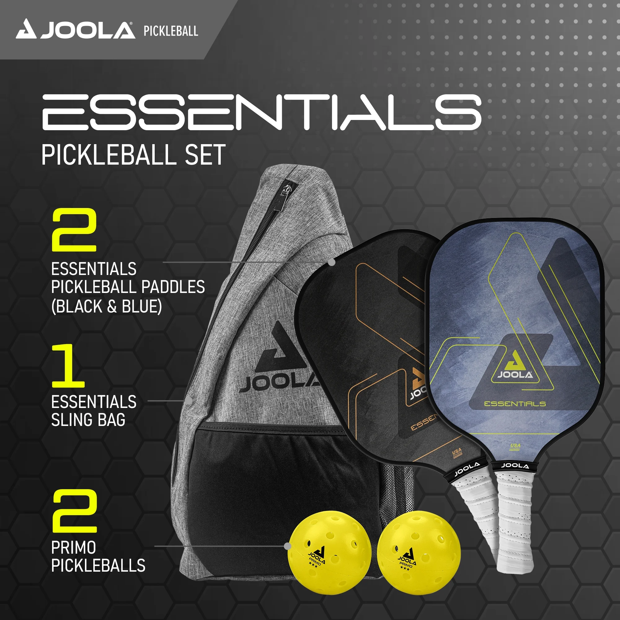 JOOLA Essentials Pickleball Set- 2 Paddles, 2 Balls, Sling Bag, 2.2 lbs., Fiberglass,Black and Blue - Image 4