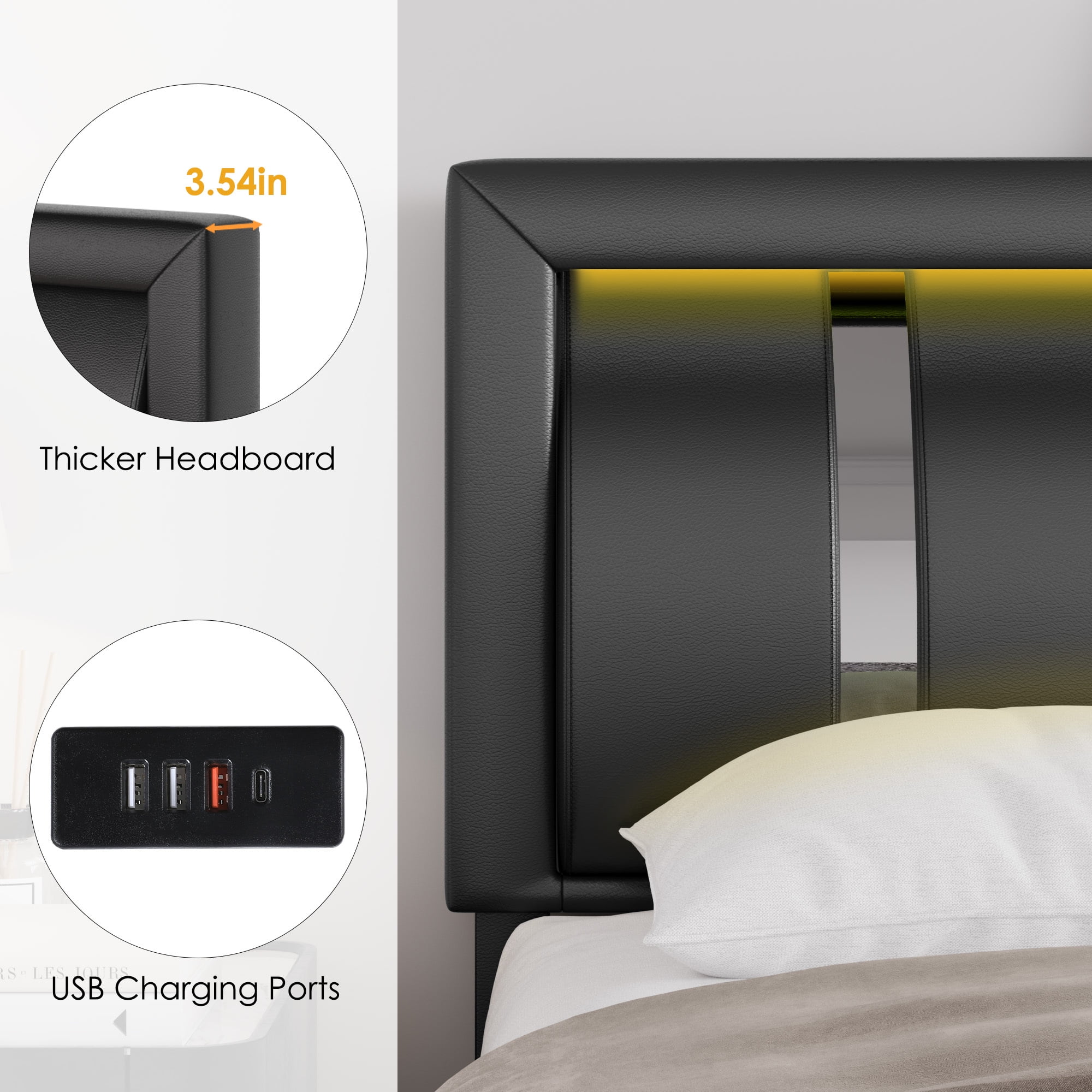 Homfa Queen Size LED Bed Frame with 2 Storage Drawers, Modern Leather Upholstered Platform Bed Frame with Adjustable Headboard, Black - Image 9