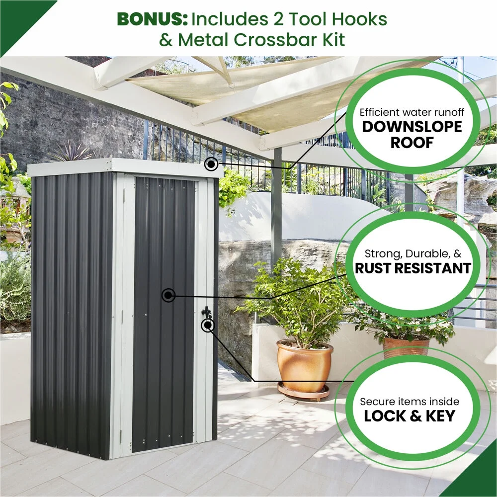 Hanover Patio Storage Shed | Galvanized Steel | Twist Lock and Key | 2 Tool Hooks | 3-Ft. x 3-Ft. x 6-Ft. | Dark Gray / White | HANPATSHD-GW - Image 10