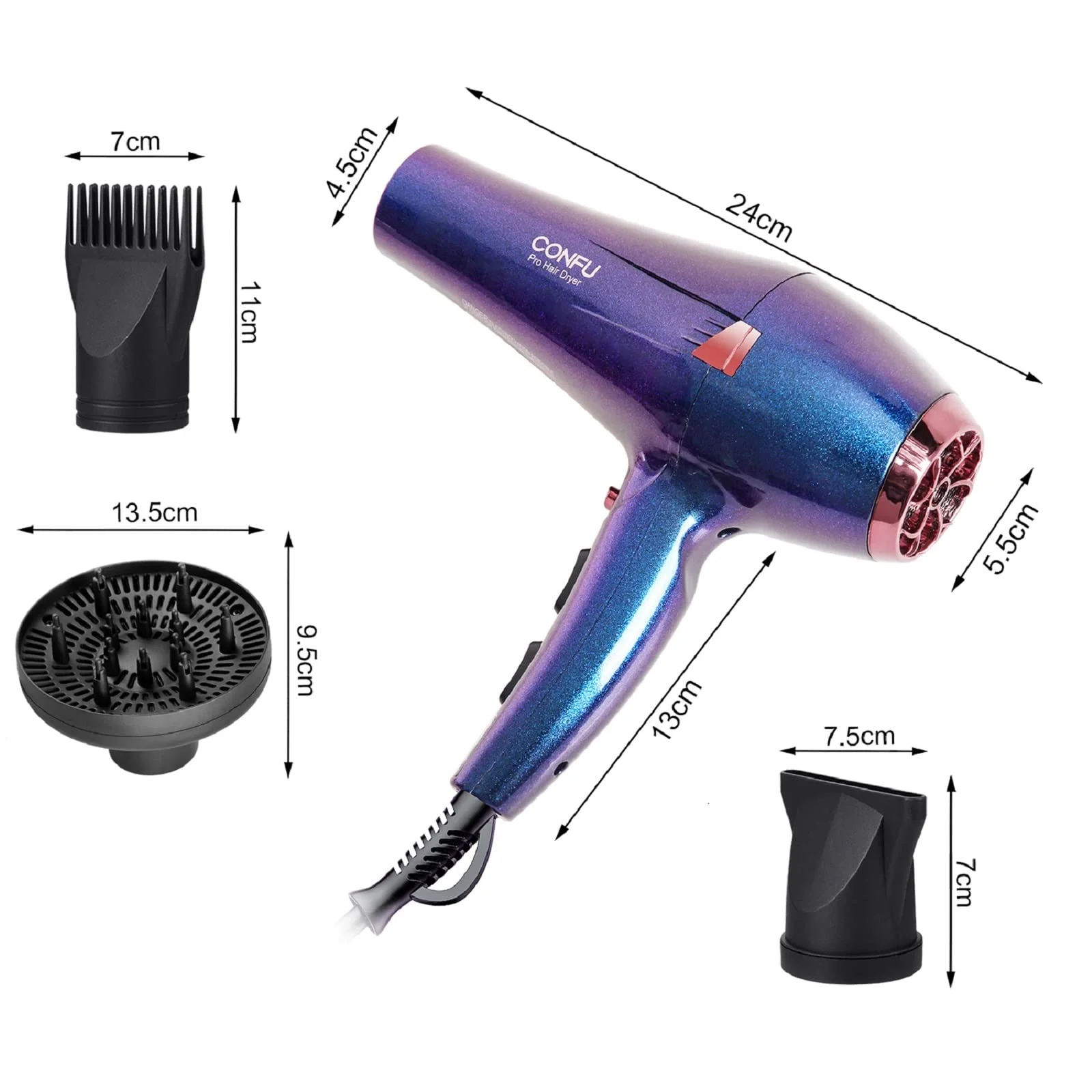 Hair Dryer, CONFU 1875W Professional Ionic Blow Dryer for Hair Care,3 Attachments for Home Salon Travel, Purple - Image 6