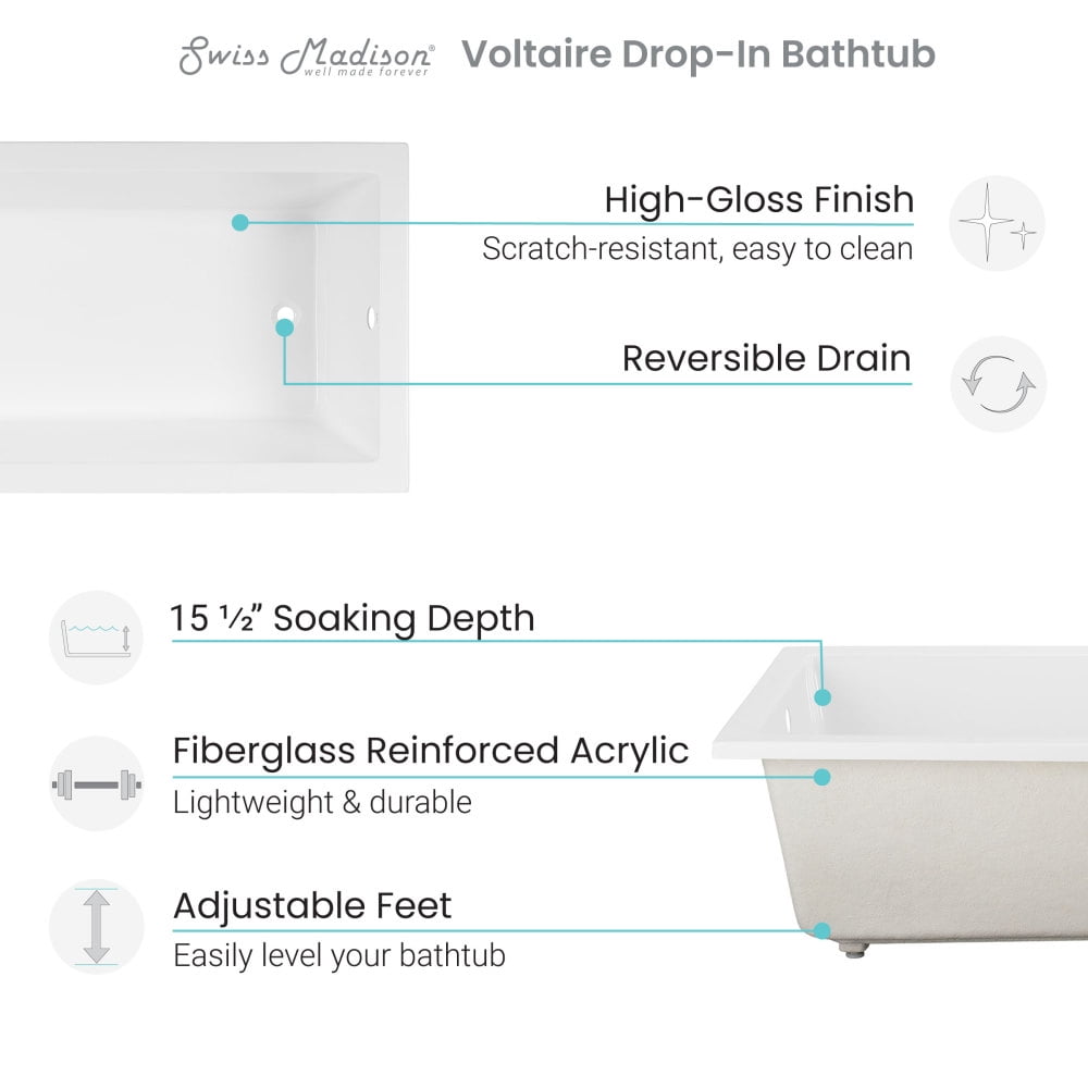 Voltaire 66" x 36" Reversible Drain Drop-In Bathtub - Image 4