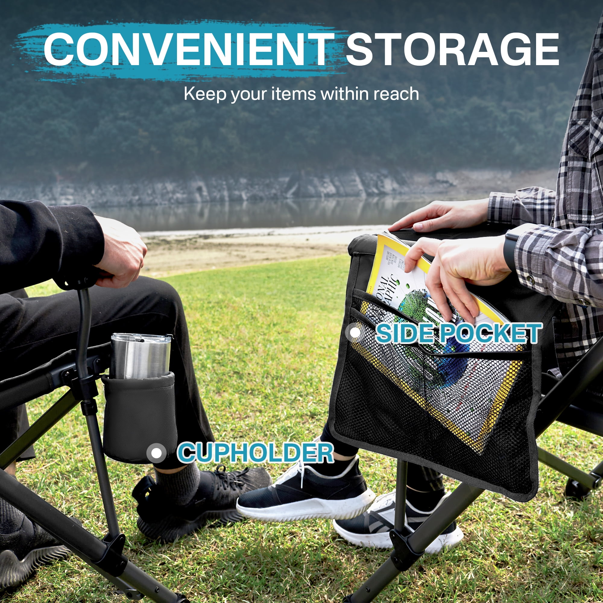 Oversized Folding Camping Chair, High Back Lawn Chair for Adults, Side Pockets & Cup Holder, Portable for Outdoor, Heavy Duty, Supports to 500 lbs, Black - Image 2