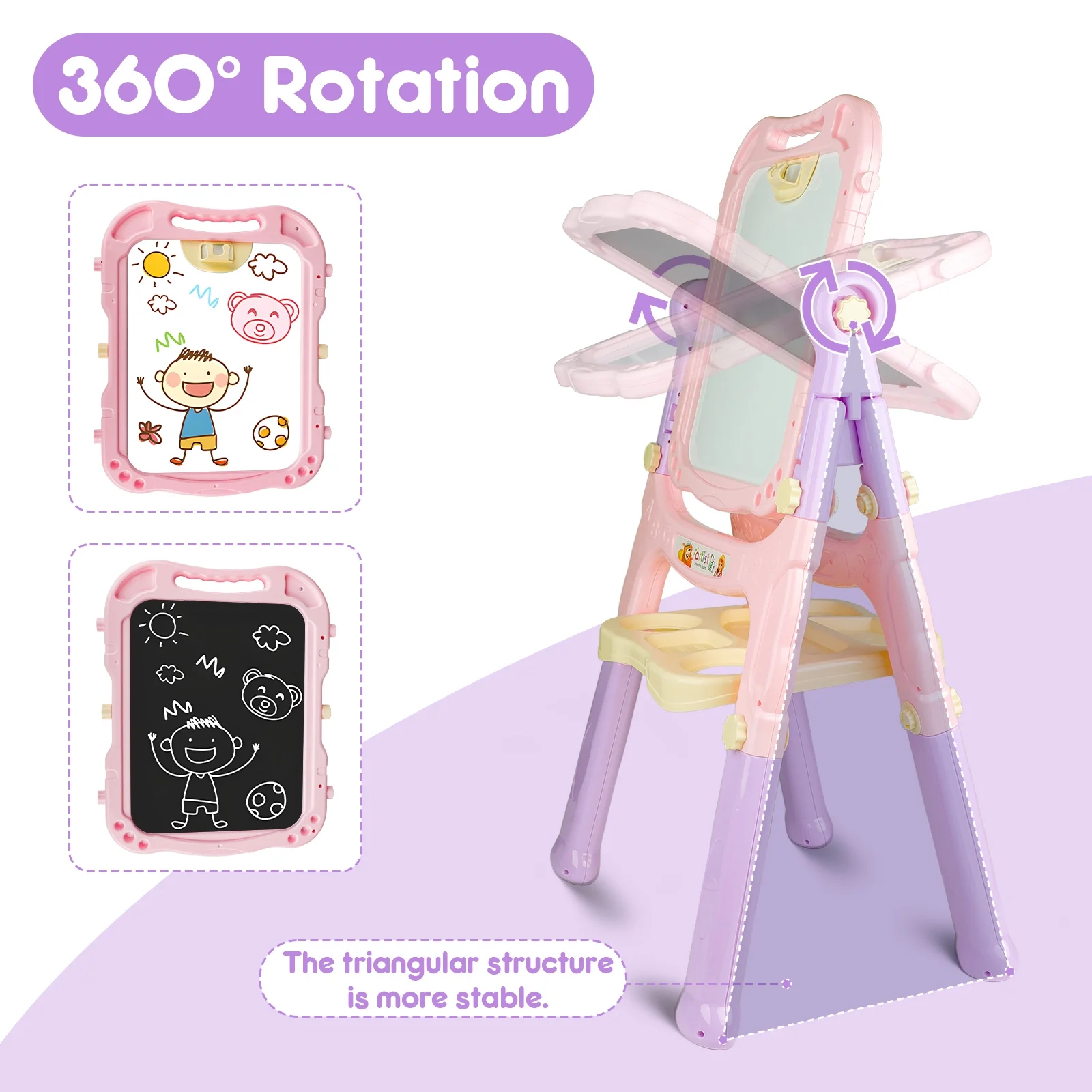 Beefunni Art Easel for Kids 3+, 4 in1 Double-Sided Easel for Toddlers, Large Magnetic Board, Portable Drawing White Board & Chalkboard, Birthday Gifts for Girls 3 4 5 6 - Image 2