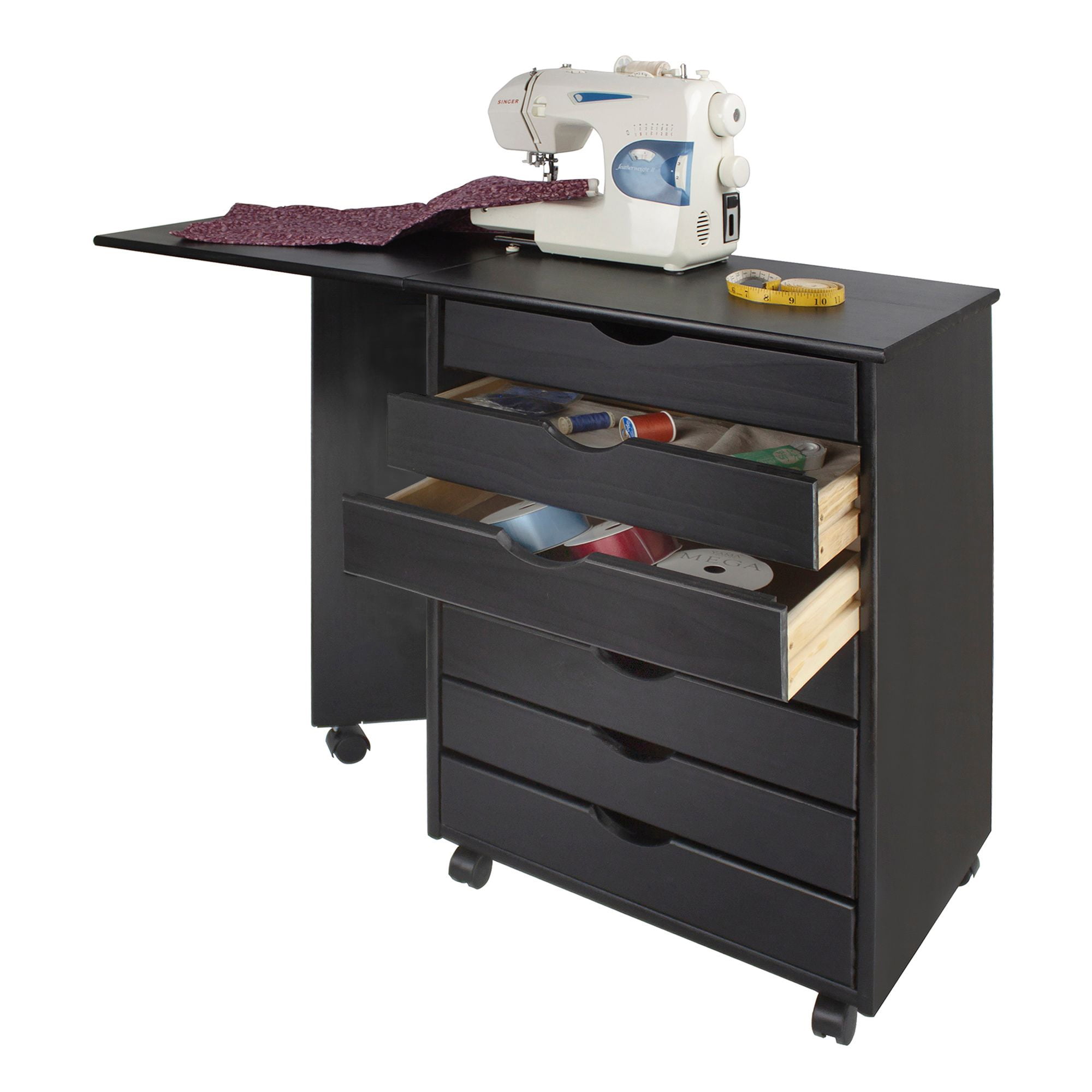 Jela Solid Wood 7 Drawer Gate Leg Roll Cart Desk in Black - Image 3