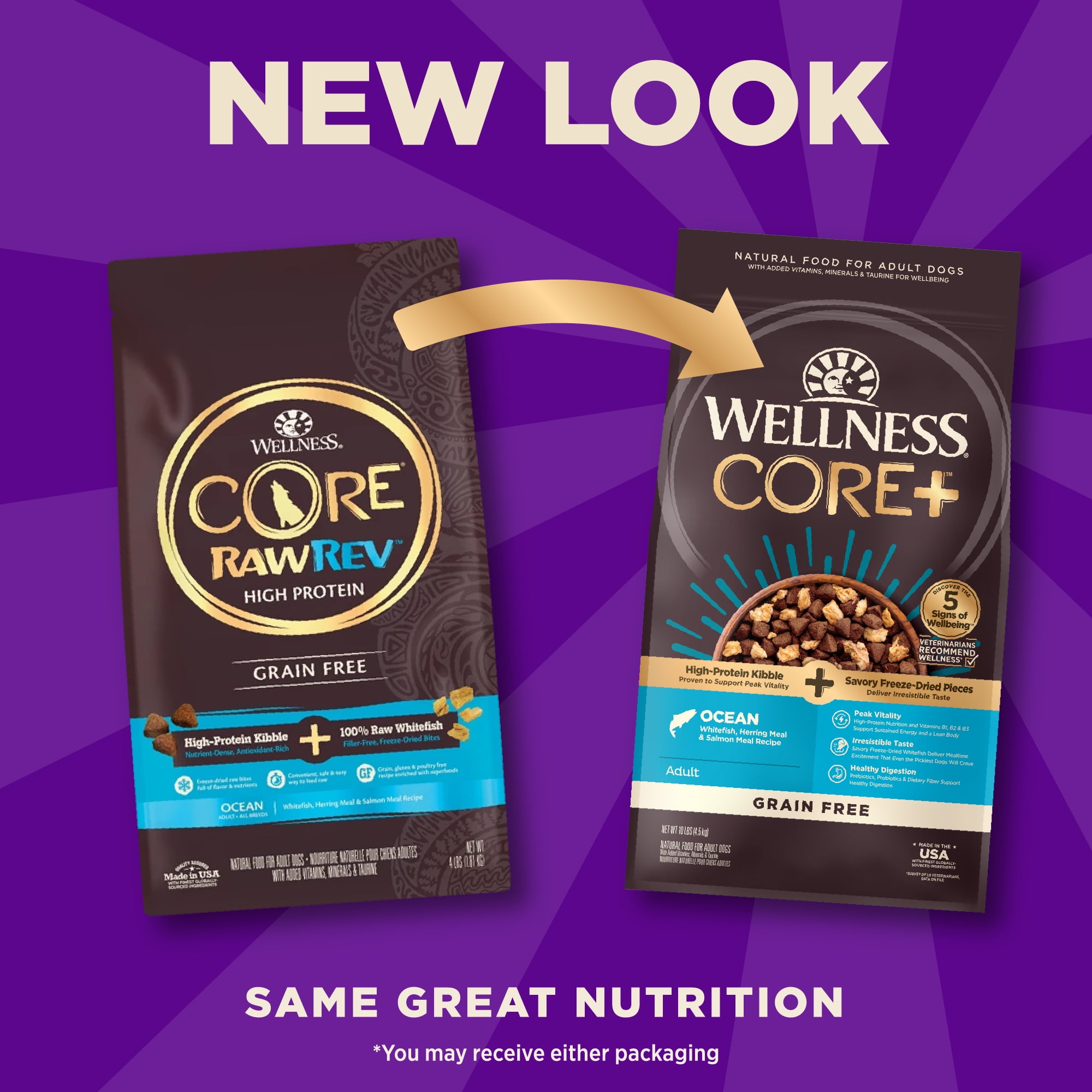 Wellness CORE+ (Formerly RawRev) Dry Dog Food with Freeze Dried Pieces, Grain Free, High Protein, Natural, Ocean Whitefish, Herring, & Salmon Recipe, (10-Pound Bag) - Image 8