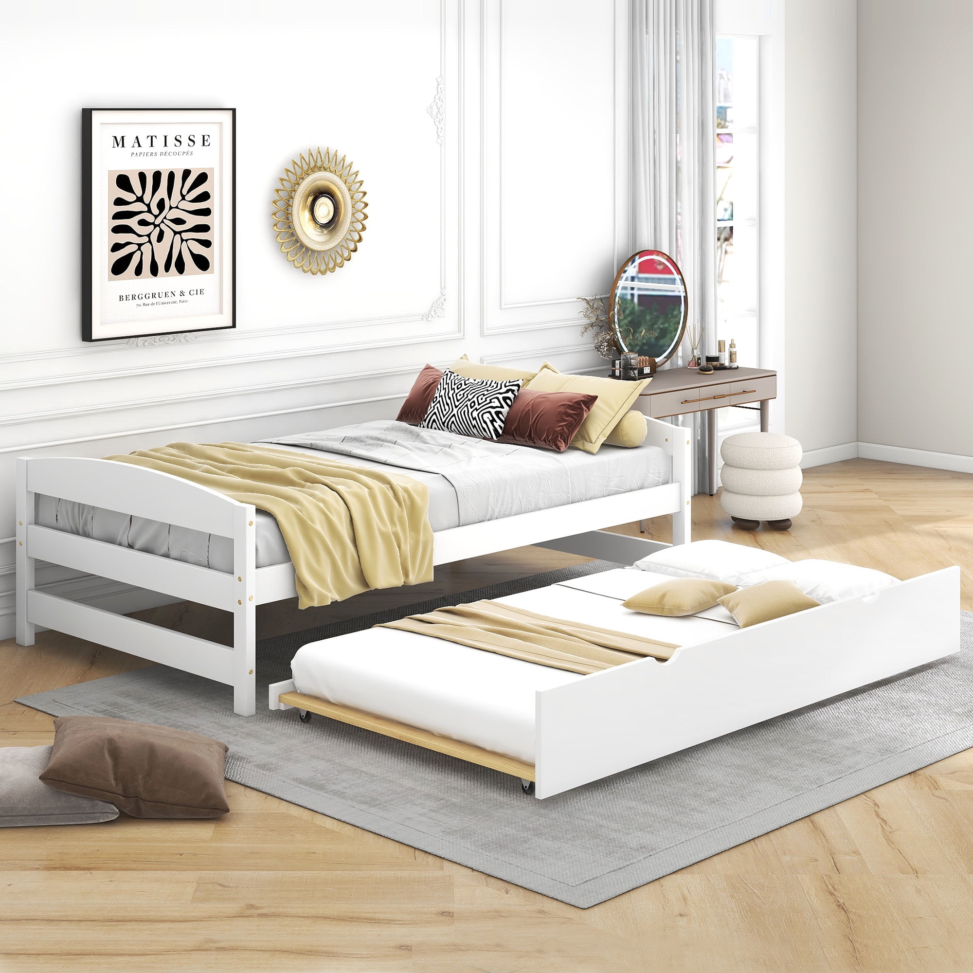 Euroco Twin Size Platform Bed with Trundle, Low Profile Easy Assembly Wood Daybed, White - Image 11