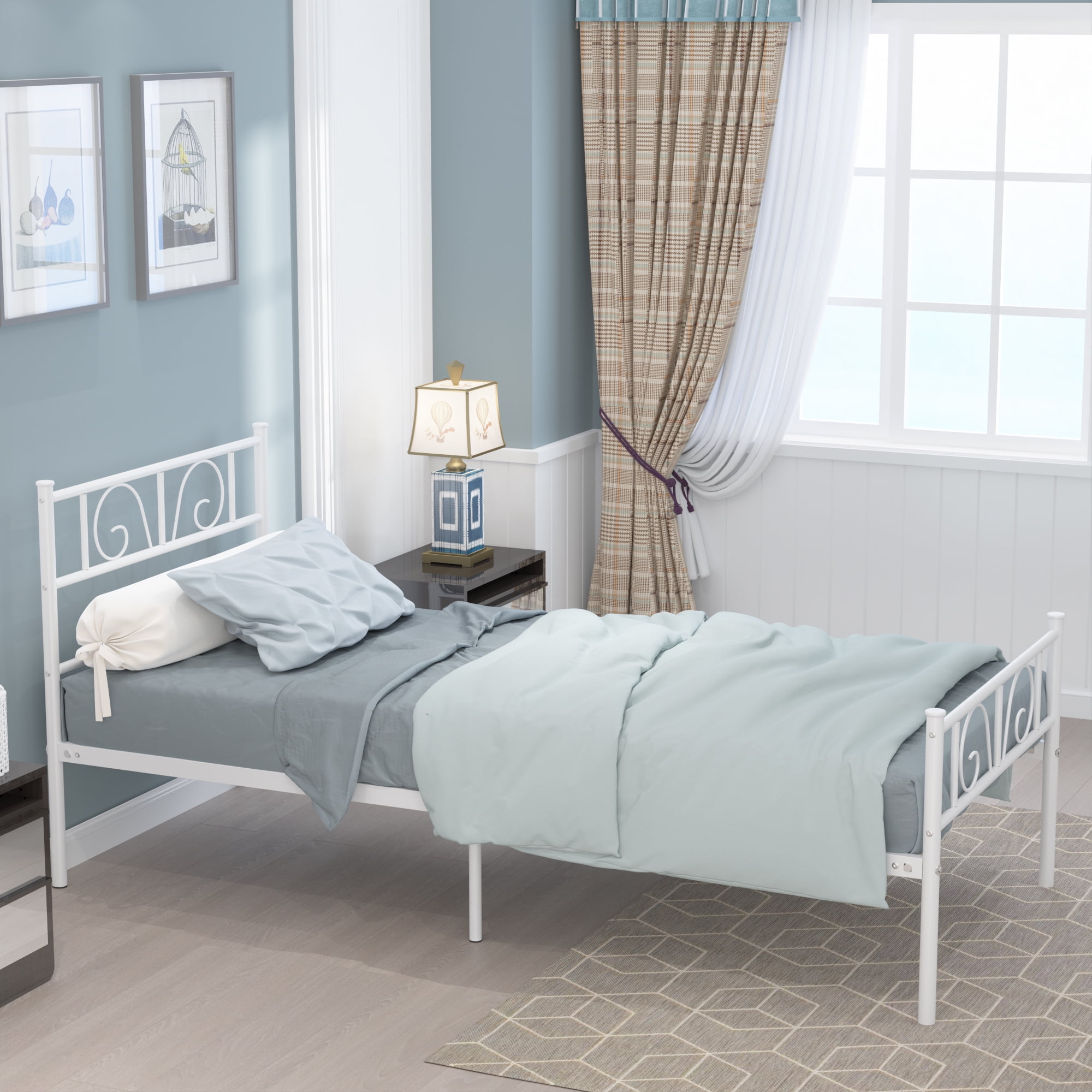 Yoneston Twin Metal Platform Bed with Elegant Pattern Headboard, Heavy Duty Bed Frame Foundation No Box Spring Needed, White - Image 6