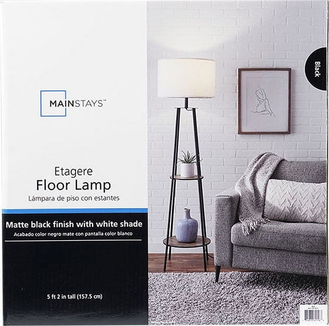 Mainstays Etagere 62" Matte Black Mid-Century Style Floor Lamp, with 2 Wood Shelves - Image 6