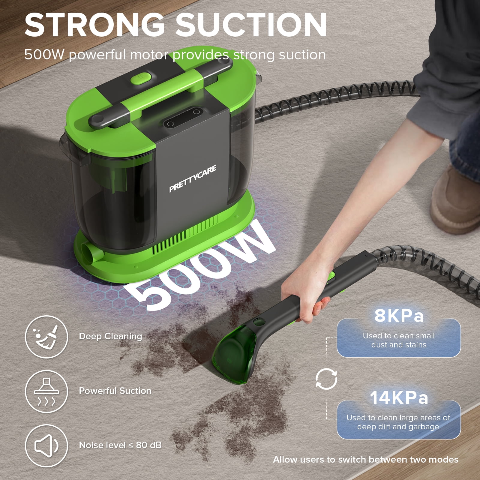 PrettyCare Portable Carpet Shampooer,Upholstery Cleaner,14Kpa Strong Suction Carpet Cleaner Machine,500W Powerful Motor - Image 10