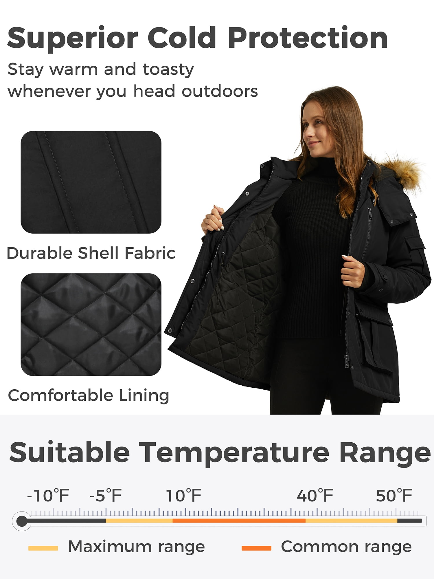Wantdo Women's Recycled Winter Coat Thickened Winter Jacket Hooded Parka Jacket Black L - Image 5