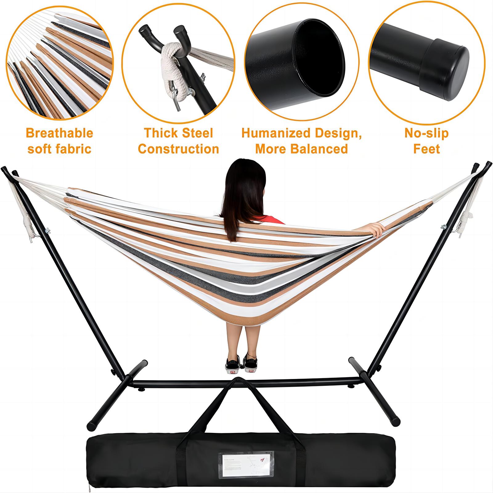 Vebreda 2-Person Brazilian-Style Cotton Double Hammock with Stand Set w/ Carrying Bag - Brown - Image 2