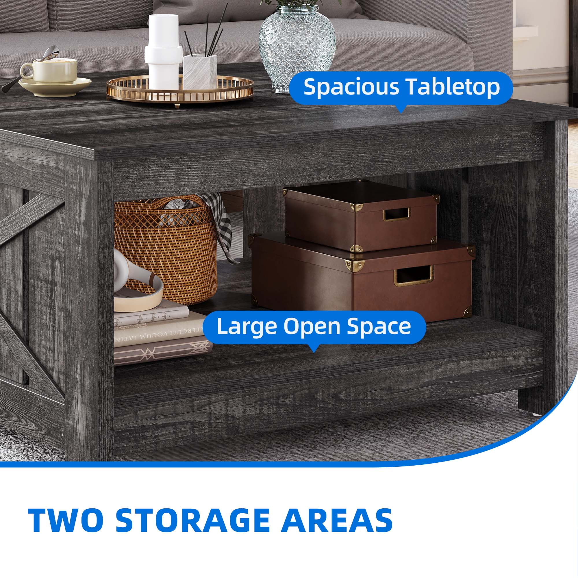 Dexturs Square Coffee Table, Farmhouse Coffee Table with Half Open Storage Compartment, Rustic Gray - Image 5