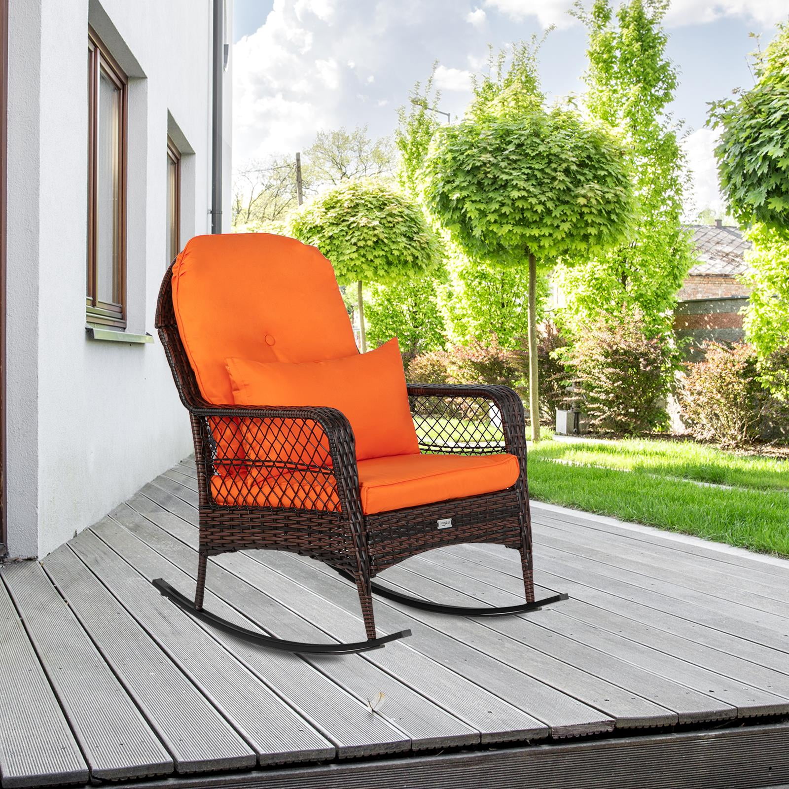 Zimtown Outdoor Wicker Rocking Chair Rattan Outdoor Patio Yard Furniture, Outdoor Rocking Chair w/ Thick Cushion, Wicker Rocker, Orange - Image 5