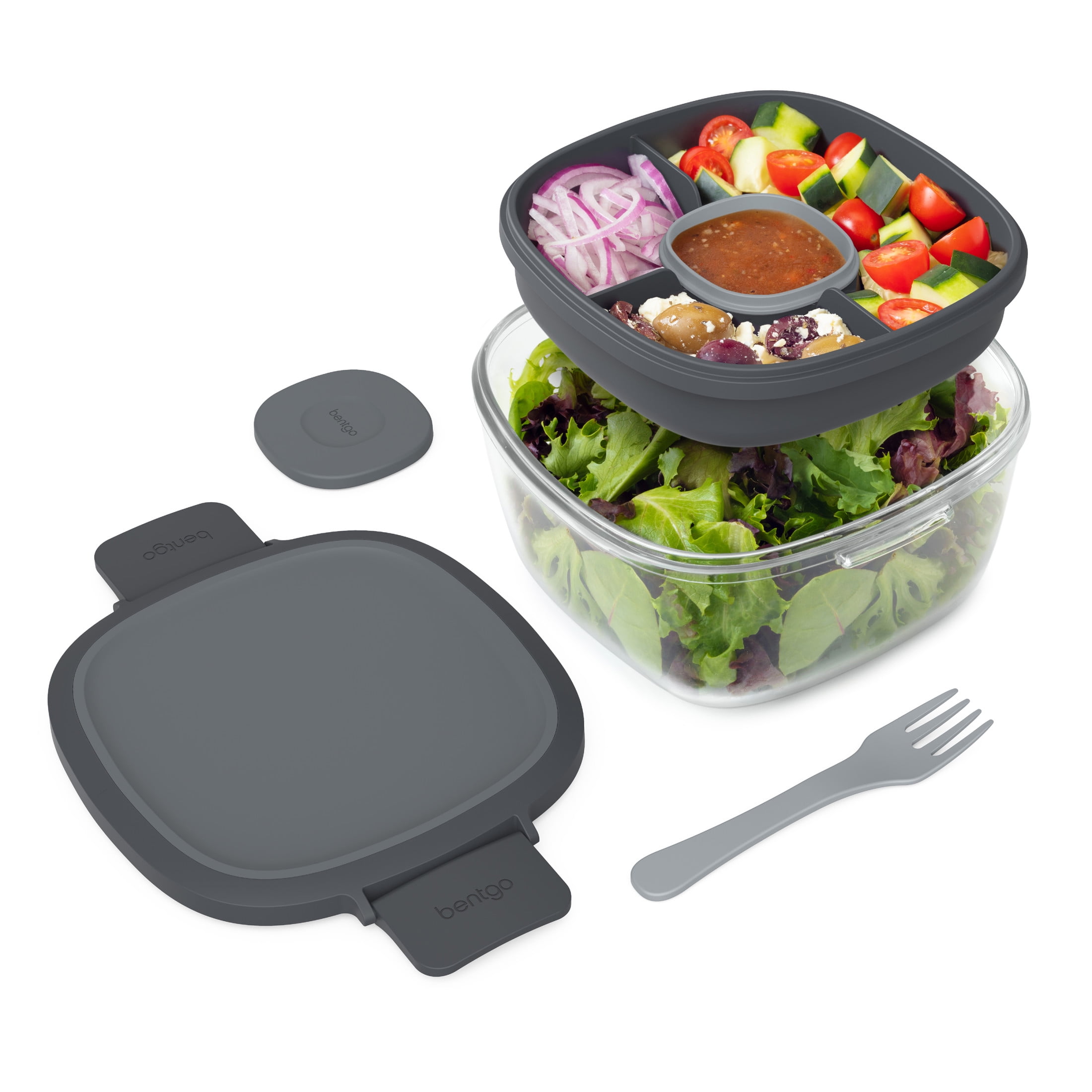 (4 pack) Bentgo Glass All-in-One Salad Container - Large 61-oz Salad Bowl, 4-Compartment Bento-Style Tray for Toppings, 3-oz Sauce Container for Dressings, and Built-In Reusable Fork (Dark Gray) - Image 2