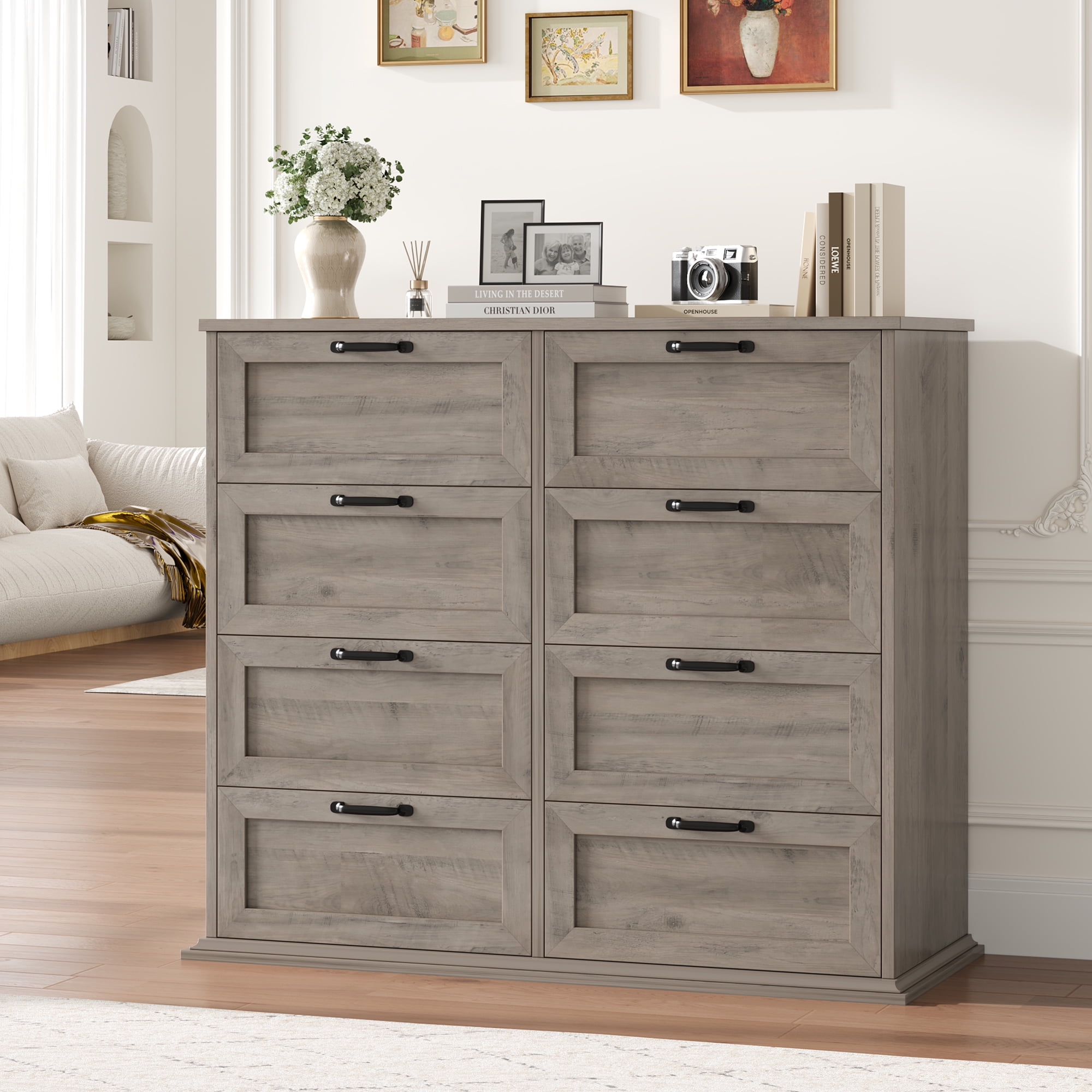 Homfa Horizontal 8 Drawer Dresser, Wood Storage Cabinet Double Dresser for Bedroom Living Room, Gray - Image 7