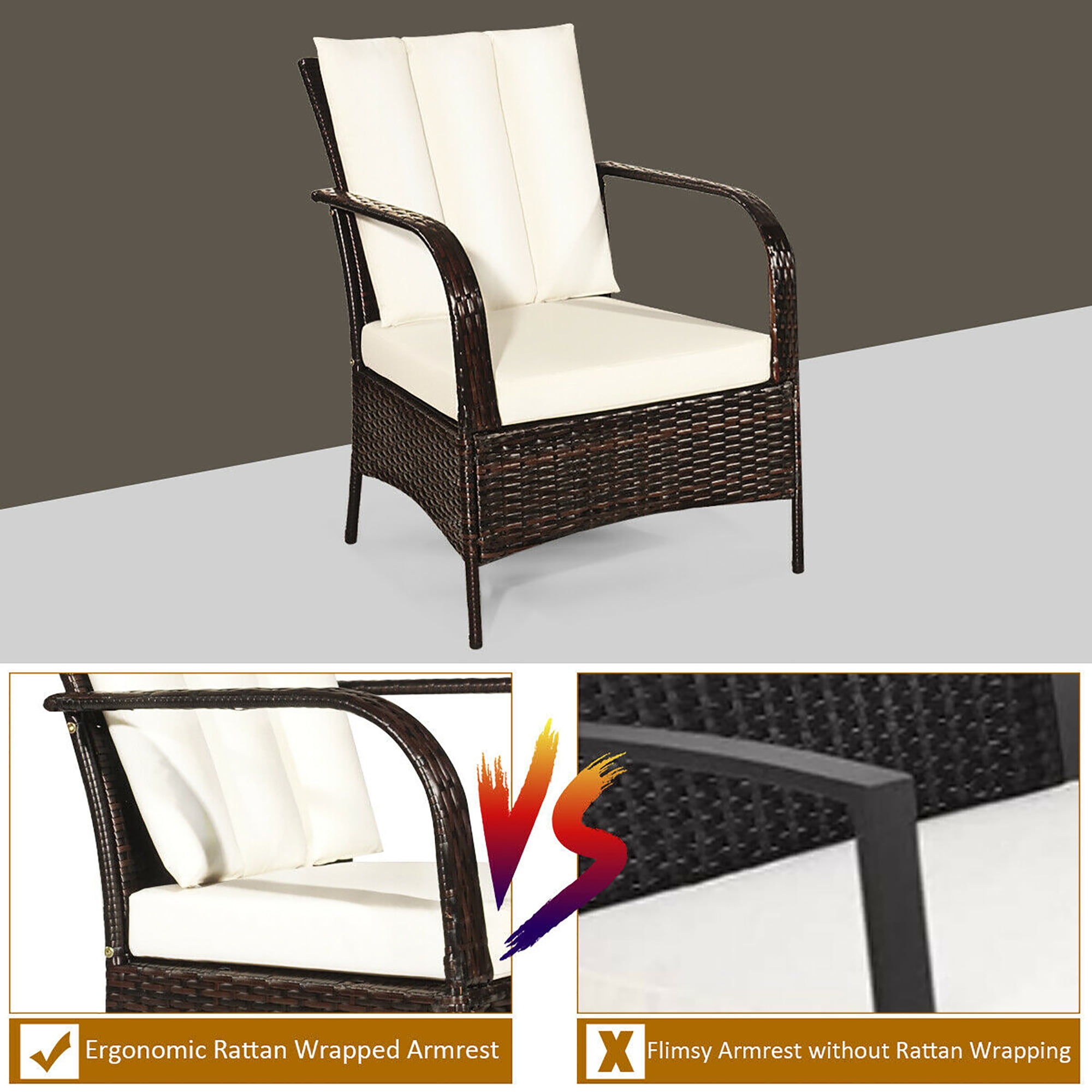 Costway 3 PCS Patio Wicker Rattan Furniture Set Coffee Table & 2 Rattan Chair W/Cushions-White - Image 8