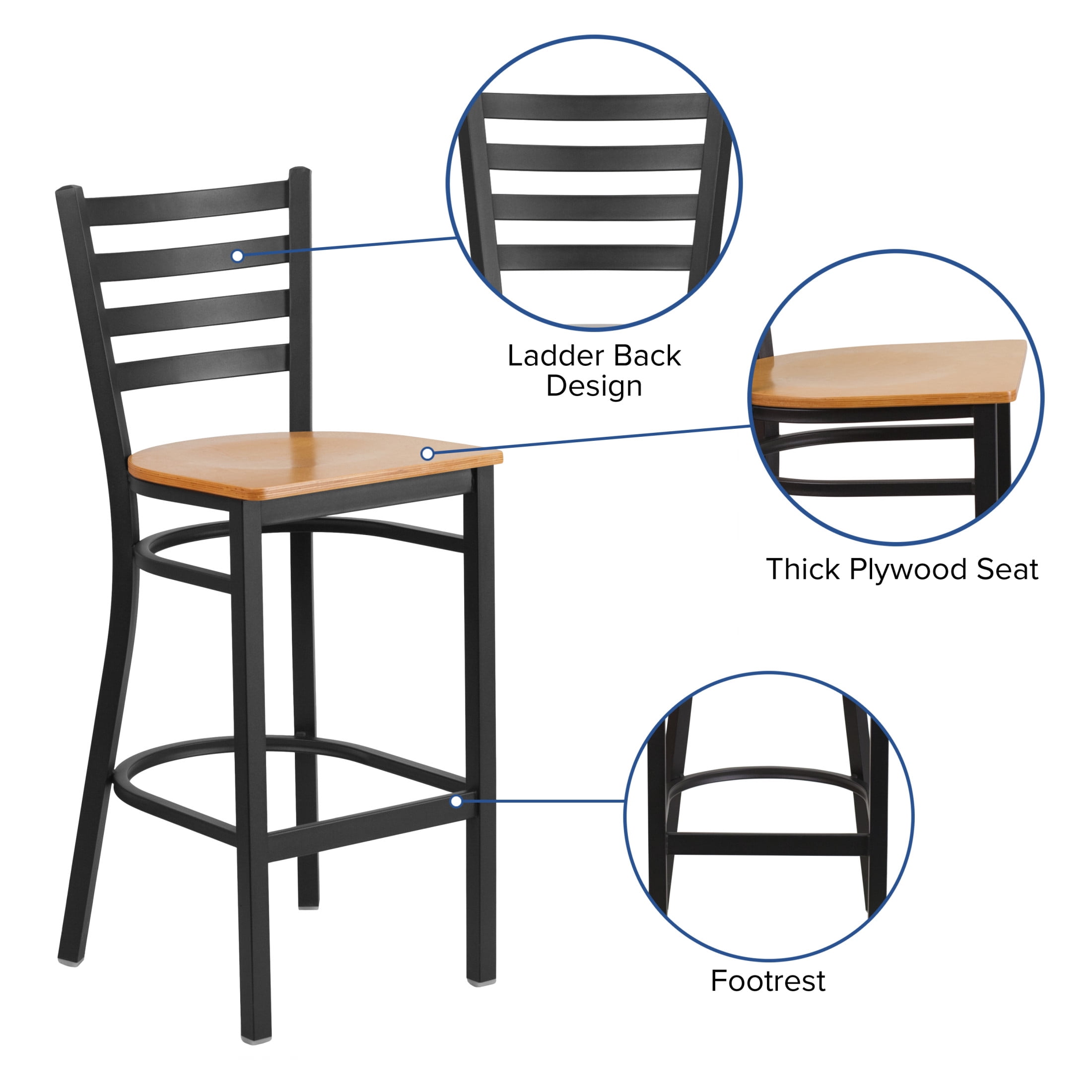 Flash Furniture HERCULES Series Black Ladder Back Metal Restaurant Barstool - Natural Wood Seat - Image 8