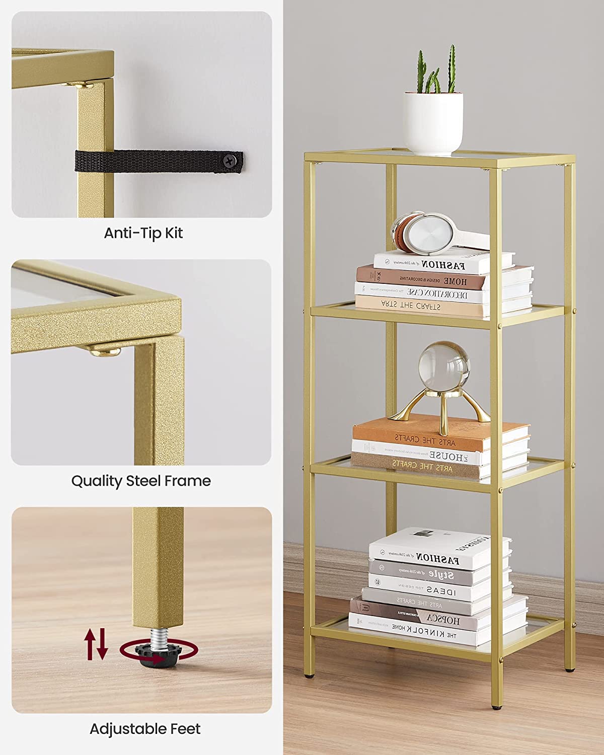 Bookcase 4-Tier Bookshelf Slim Shelving Unit for Bedroom Bathroom Home Office Tempered Glass Steel Frame Gold - Image 3