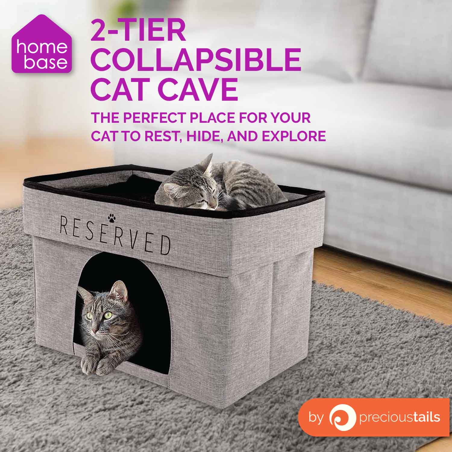 Precious Tails HomeBase Rectangular 2-Tier Collapsible Pet Cat Cave Bed, Item Weight 4 lb - Image 7