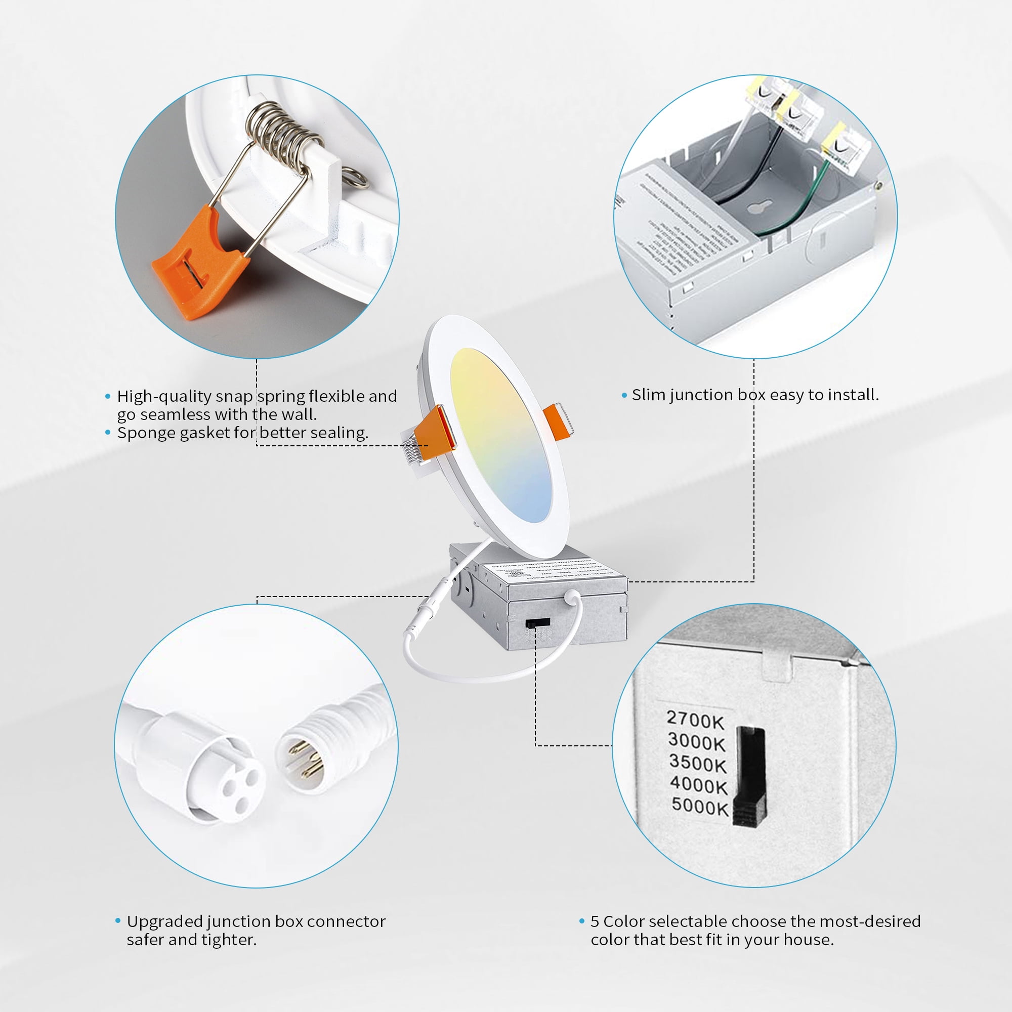 DAYBETTER 24 Pack LED Recessed Ceiling Light Modern,5CCT 6 inch Ultra-Thin with Junction Box, 2700K-5000K Selectable, Dimmable,Lighting - Image 6
