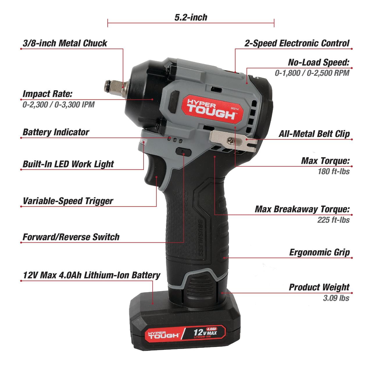 Hyper Tough 12V Max Cordless Brushless Impact Wrench with 4.0Ah Lithium-Ion Battery and Charger, 225 ft-lbs Torque - Image 12