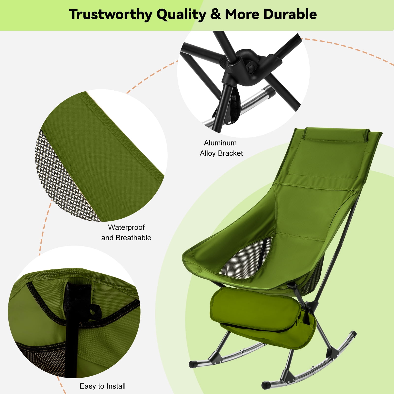 Camping Chair, Vecukty High Back Rocking Chair 165 lbs Capacity, Heavy Duty Compact Outdoor Portable Folding Rocker Chair for Camping Hiking Gardening Travel Beach Picnic,Green - Image 2