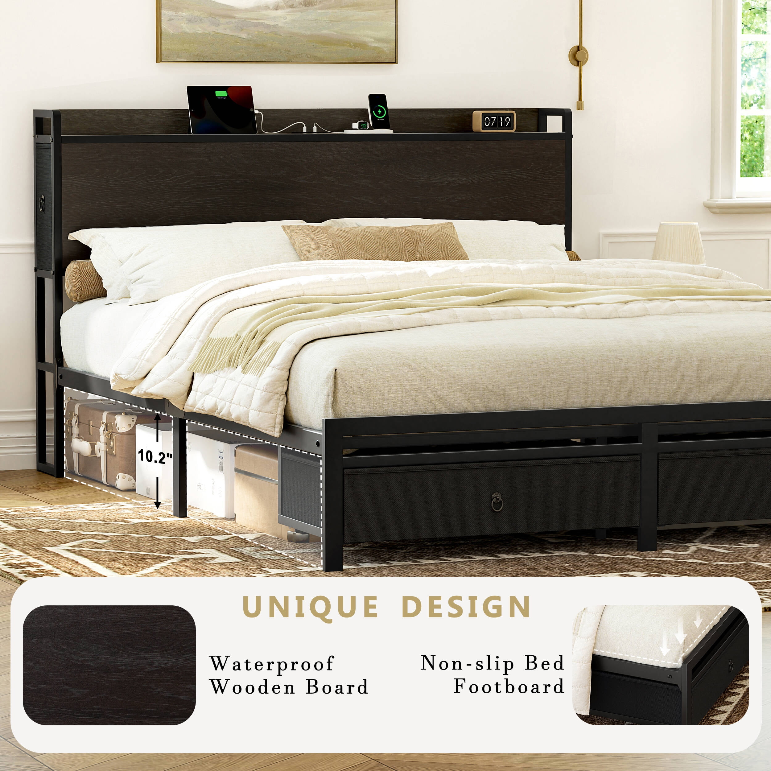 GUNAITO Queen Bed Frame with Storage Headboard Platform Bed with 2 Drawers Metal Bed with Charging Station, Dark Brown - Image 8