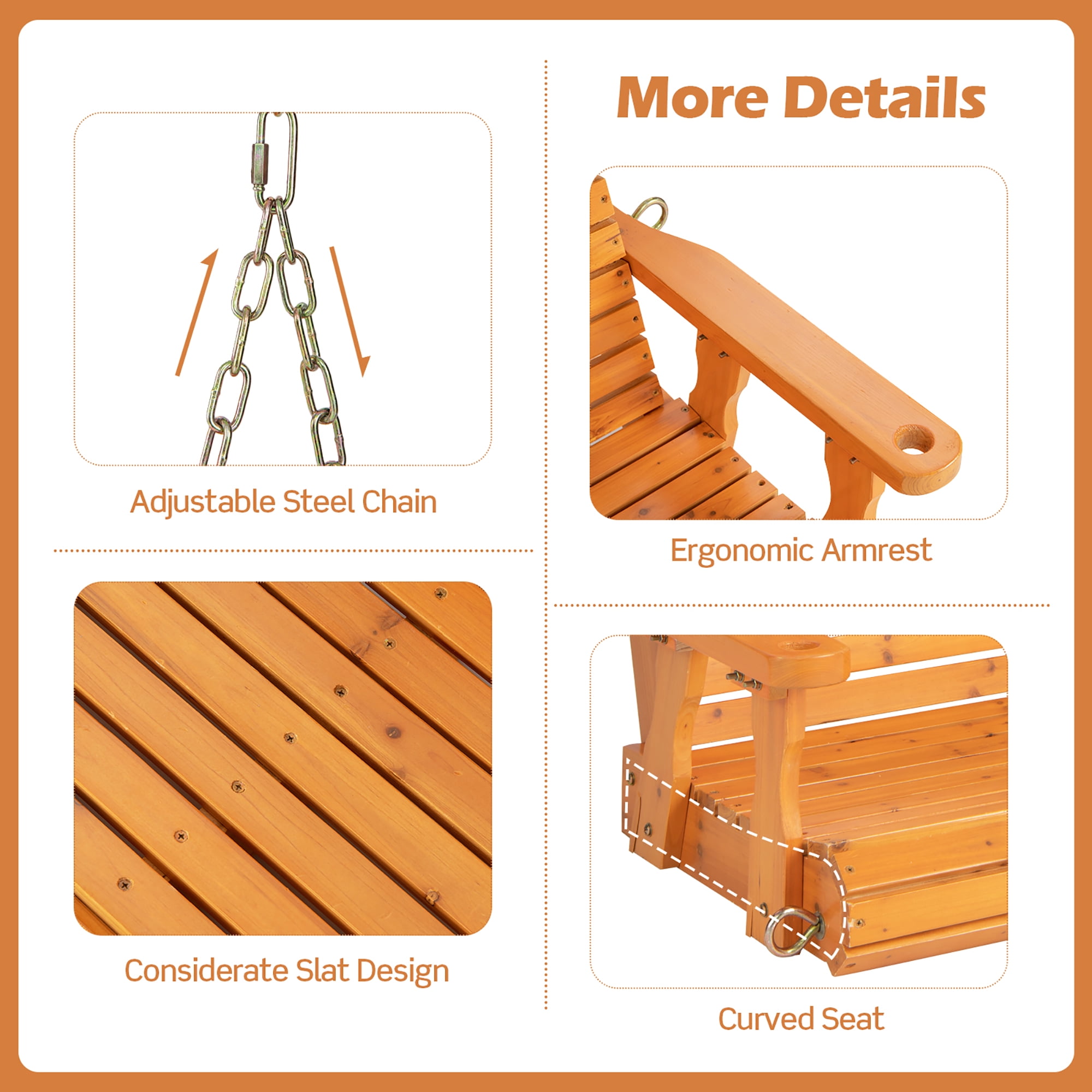 Costway Porch Swing Wood Outdoor Patio Hanging Bench Chair for Garden Backyard orange - Image 2