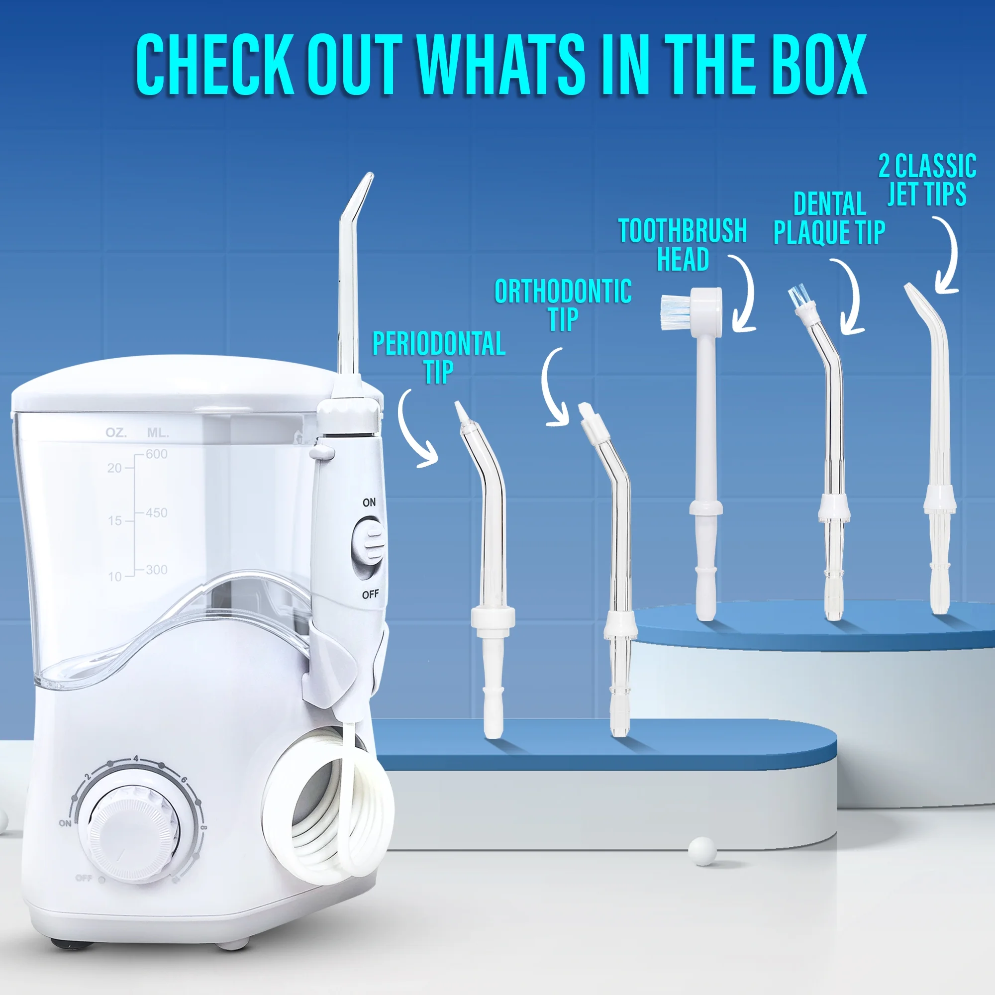 Equate Premium Countertop Water Flosser with Flosser Tips and 120 Seconds of Water Capacity (1 Water Flosser, 6 Flosser Tips) - Image 7