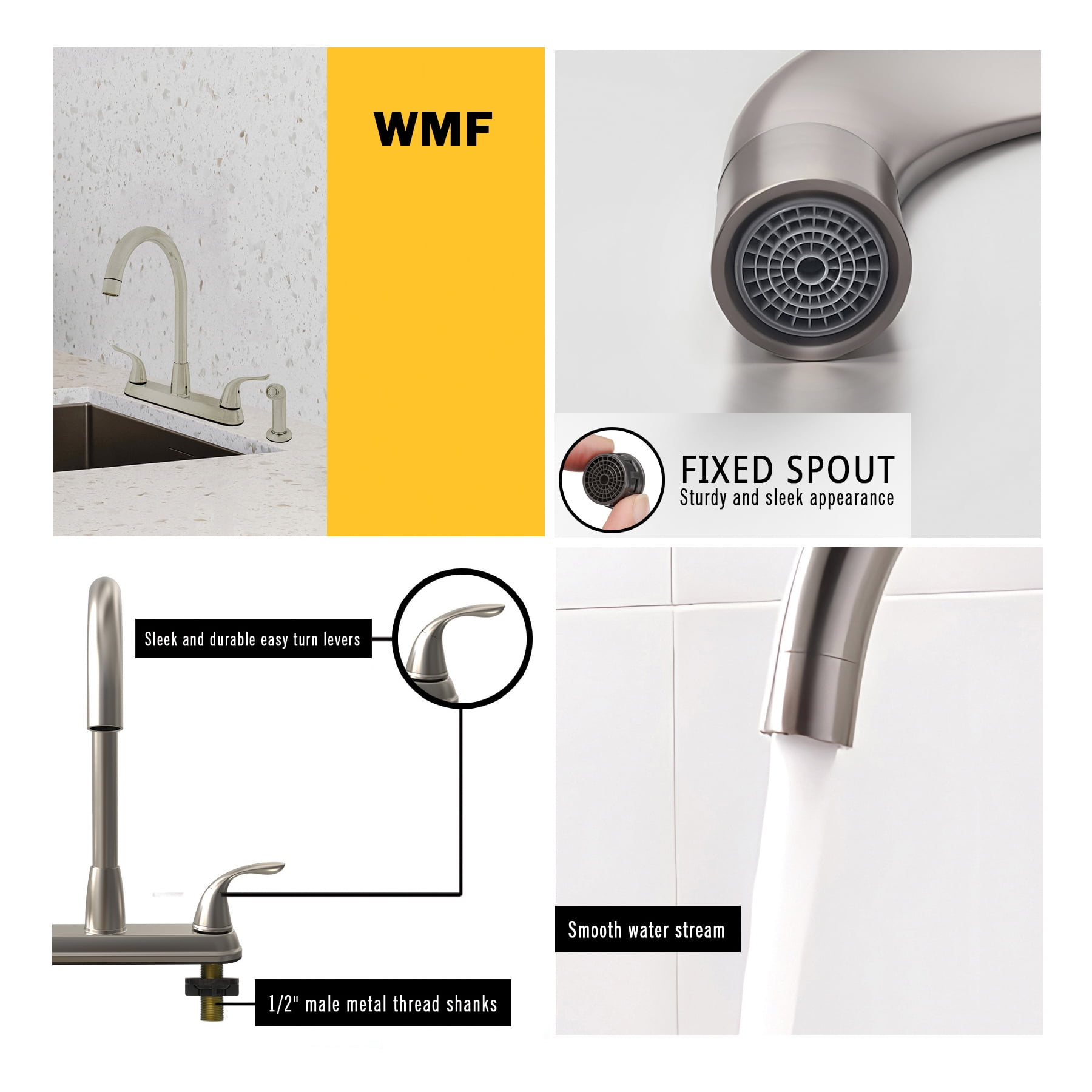 WMF-8235GNZMLP-BN - Hybrid Metal Deck Kitchen Sink Faucet, 360 Degree Swivel, High Spout, Double Handle with Side Spray - Image 5