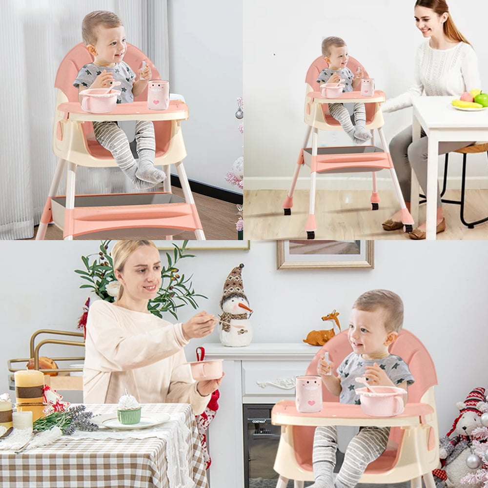 FACNOATIHN Baby High Chair, 4-in-1 Foldable Highchair Dining Feeding Chair with Five-Point Harness Double Dining Plate & Toy Rack, Infant to Toddler, Pink - Image 9