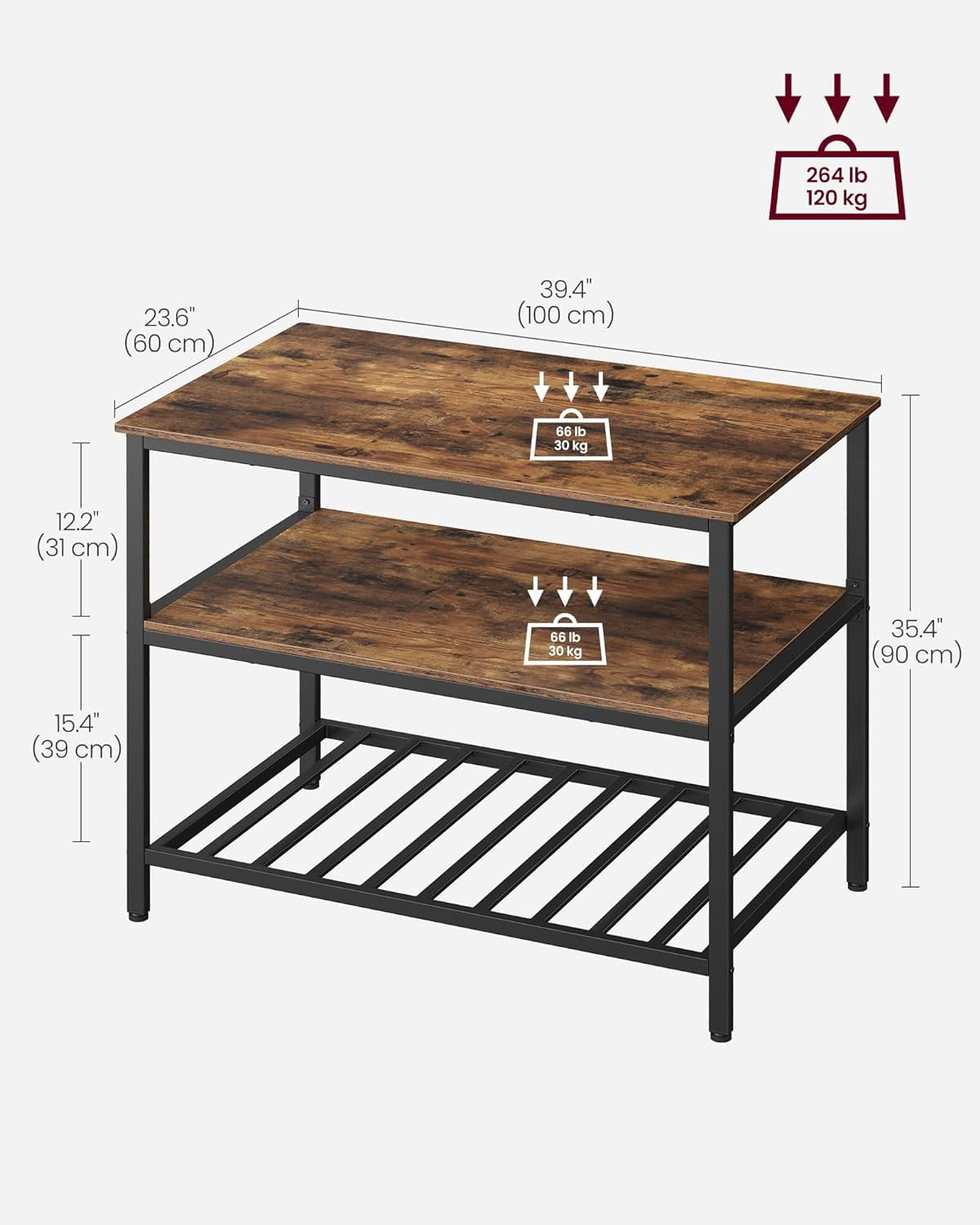 Kitchen Island with 3 Shelves, 39.4 Inches Kitchen Shelf with Large Worktop, Stable Steel Structure, Industrial, Easy to Assemble, Rustic Brown and Black - Image 4