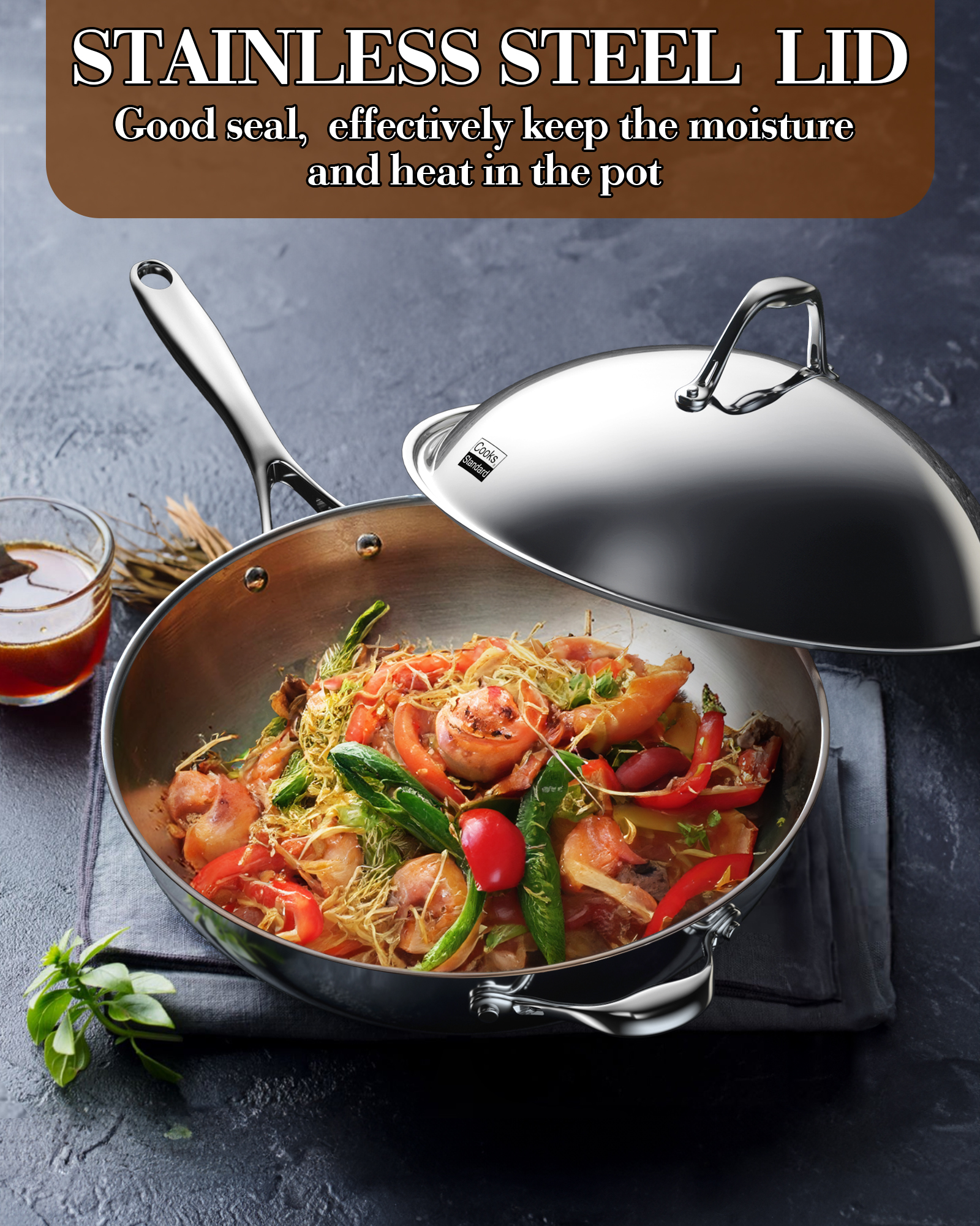 Cooks Standard Wok Pan Stainless Steel, 13-Inch Multi-Ply Clad Stir Fry Pan with High Dome lid, Silver - Image 6