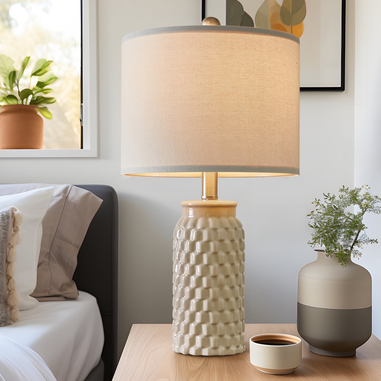 Oneach Farmhouse Ceramic Table Lamp Set of 2 for Living Room Bedroom 20.5" Modern Bedside Nightstand Lamps - Image 4