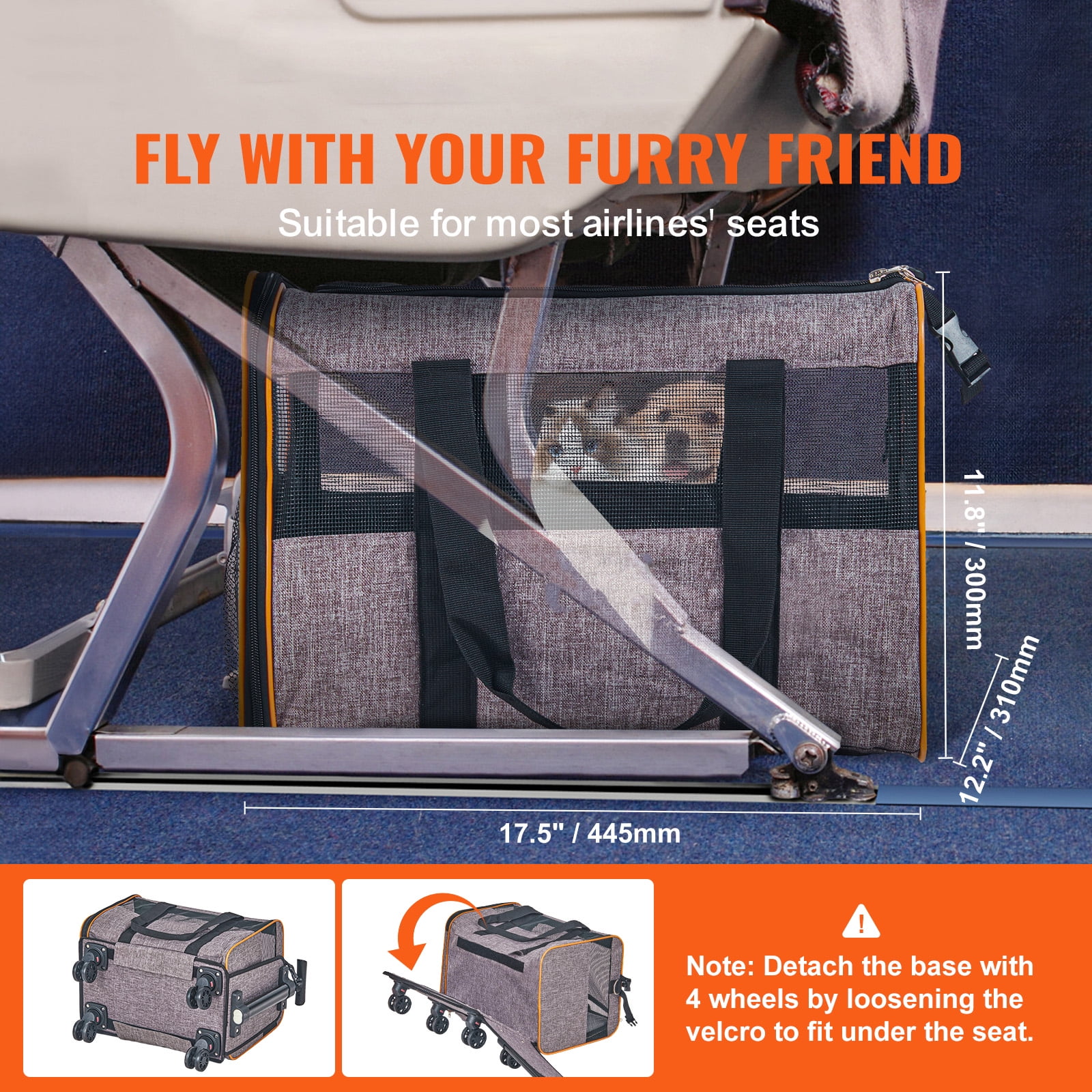 VEVOR Cat Carrier with Wheels Airline Approved Rolling Pet Carrier 22 lbs Grey for Cat Dog Small Medium Animals Kitten Puppy - Image 7
