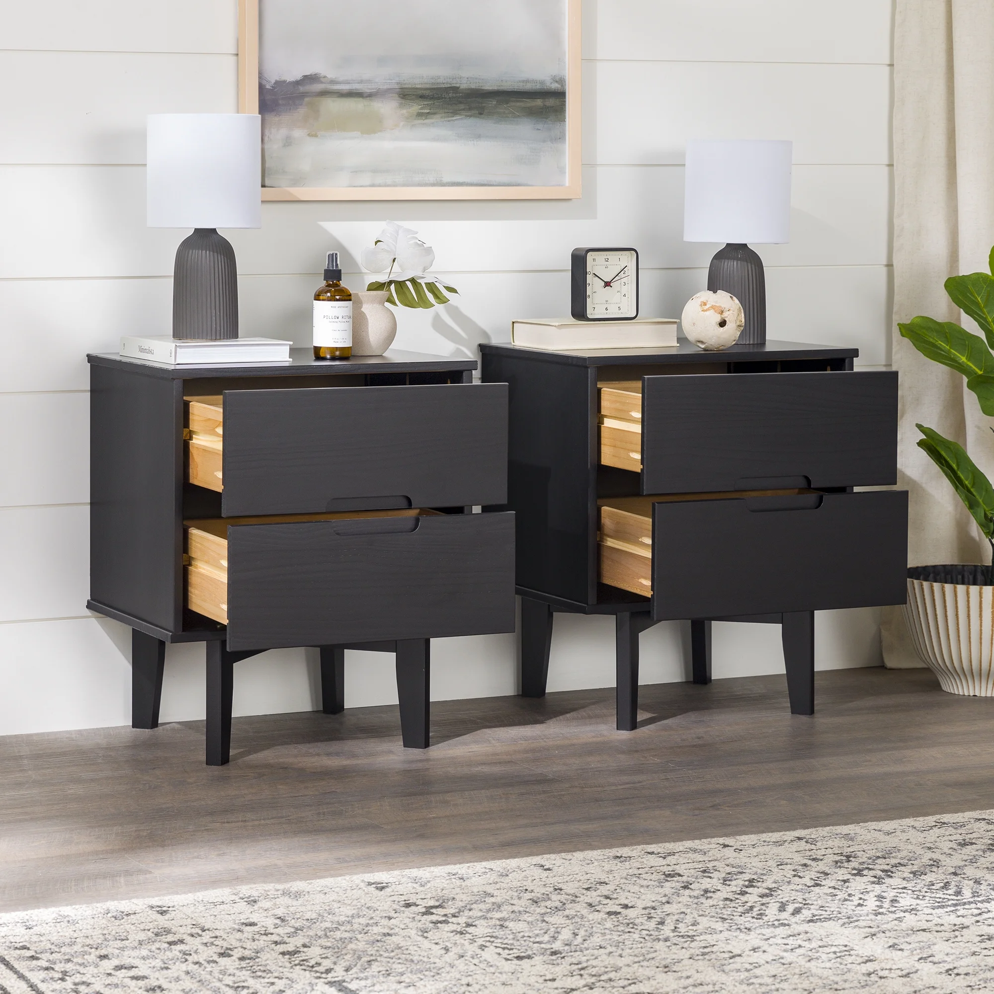 Walker Edison Set of 2 Mid-Century Modern 2-Drawer Nightstands, Black - Image 3
