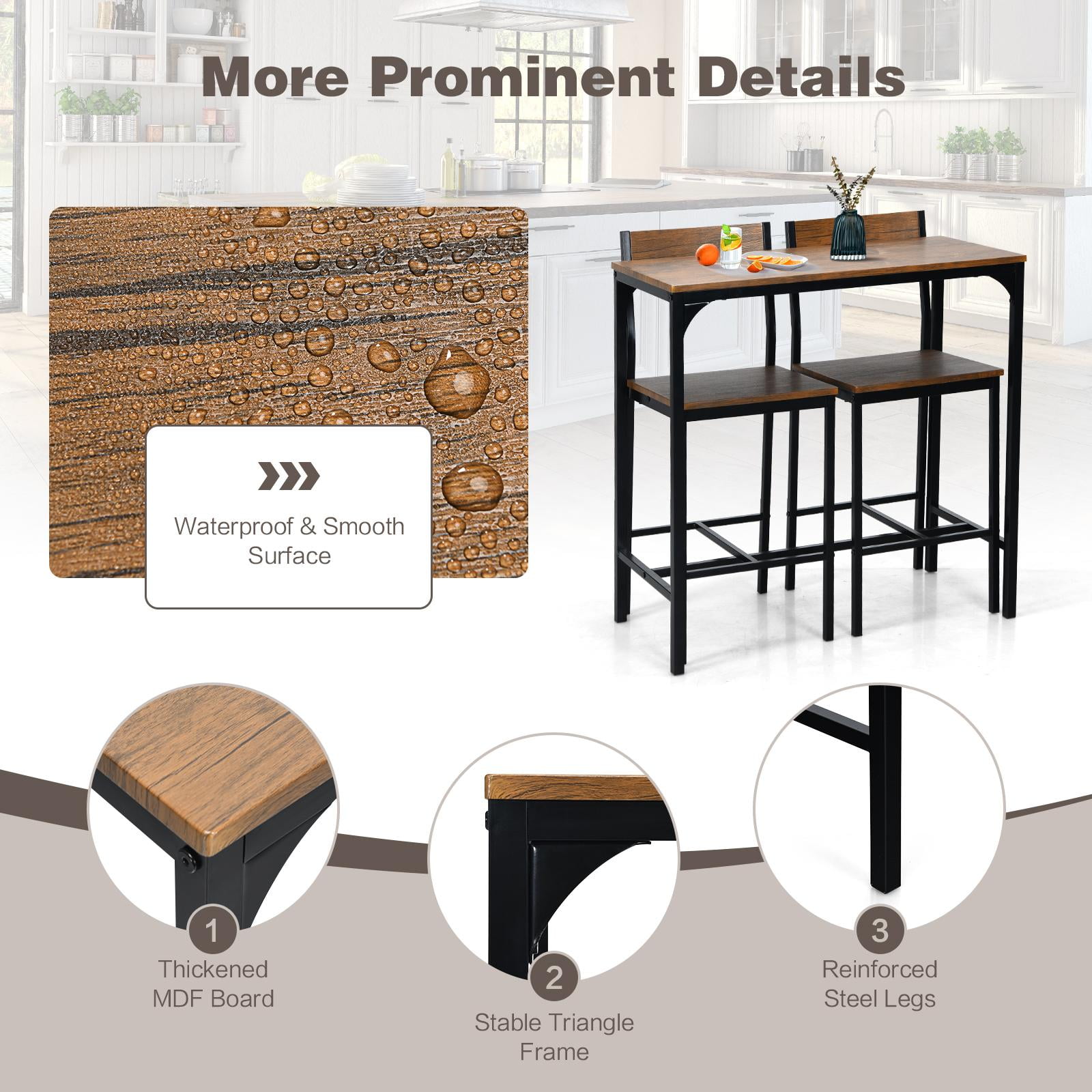 Giantex 3 Pieces Bar Table Set, Pub Table Set, Modern Industrial-style Table & Chair Set for Kitchen, Dining Room, Easy Assembly - Image 5