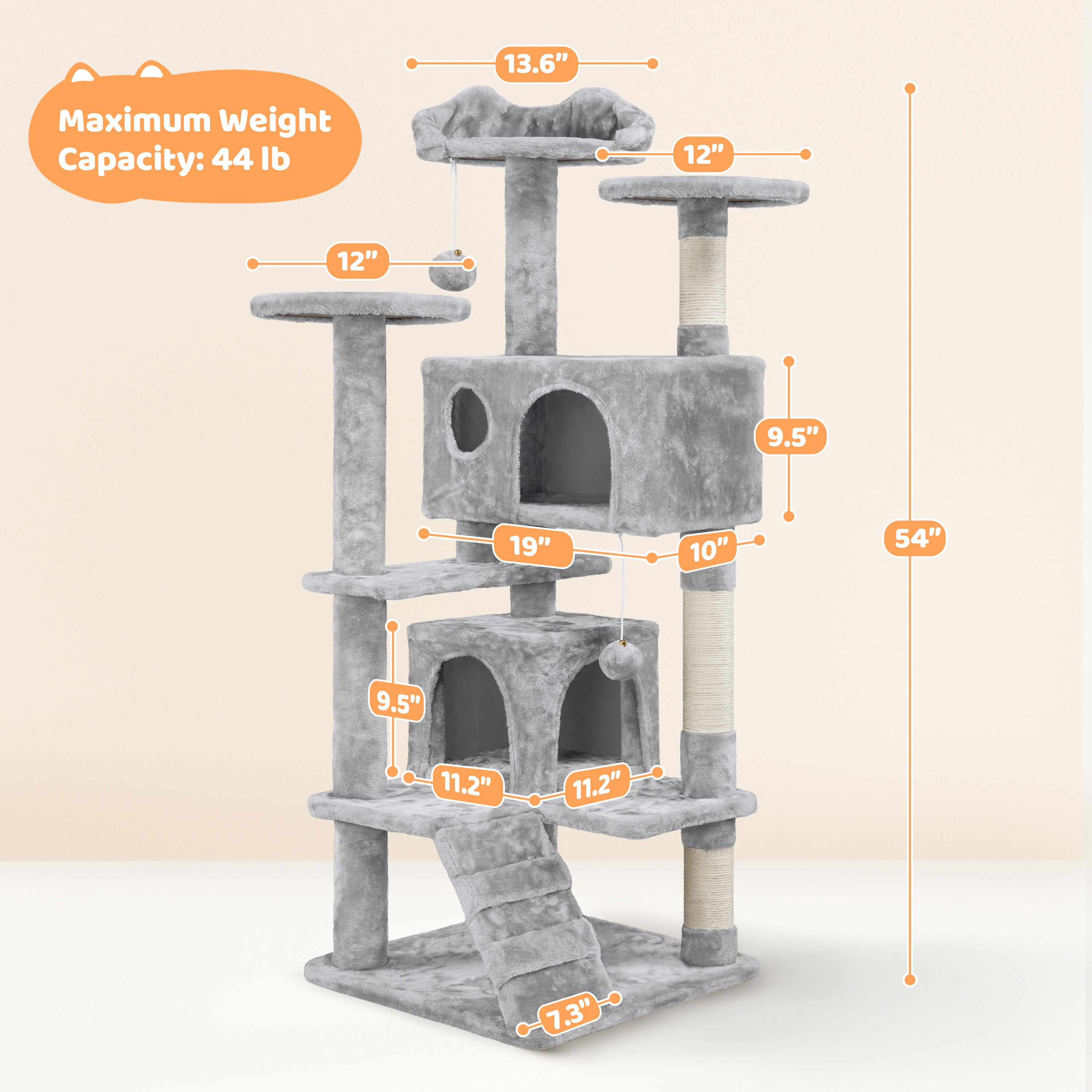 Renwick 54.5" Cat Tree Tower with Condos and Scratching Posts, Light Gray - Image 5
