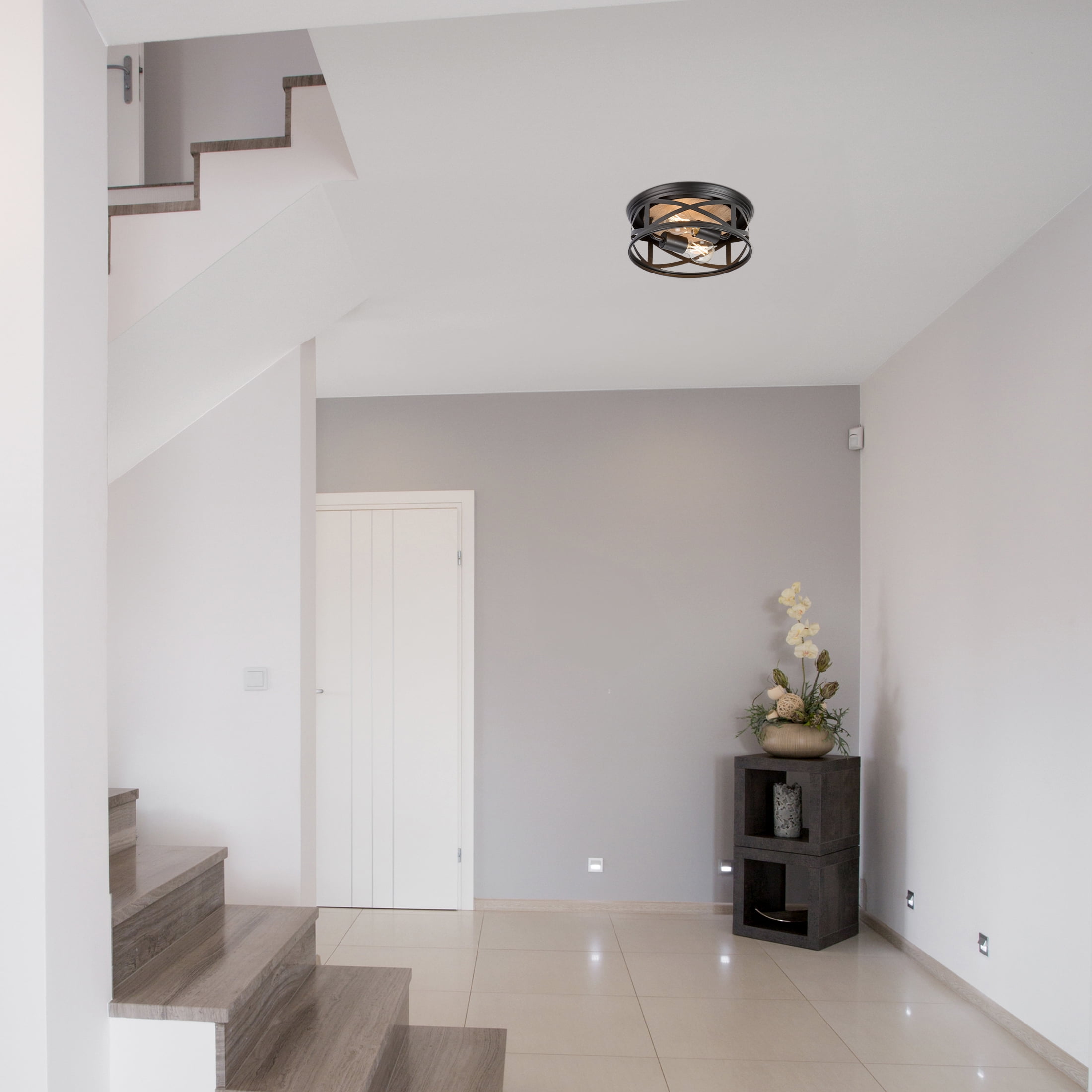 Maxxima 11 in. 2-Light Indoor / Outdoor Flush Mount Ceiling Light, Round Black w/ Wood Grain Farmhouse Fixture, Bulbs Not Included - Image 9